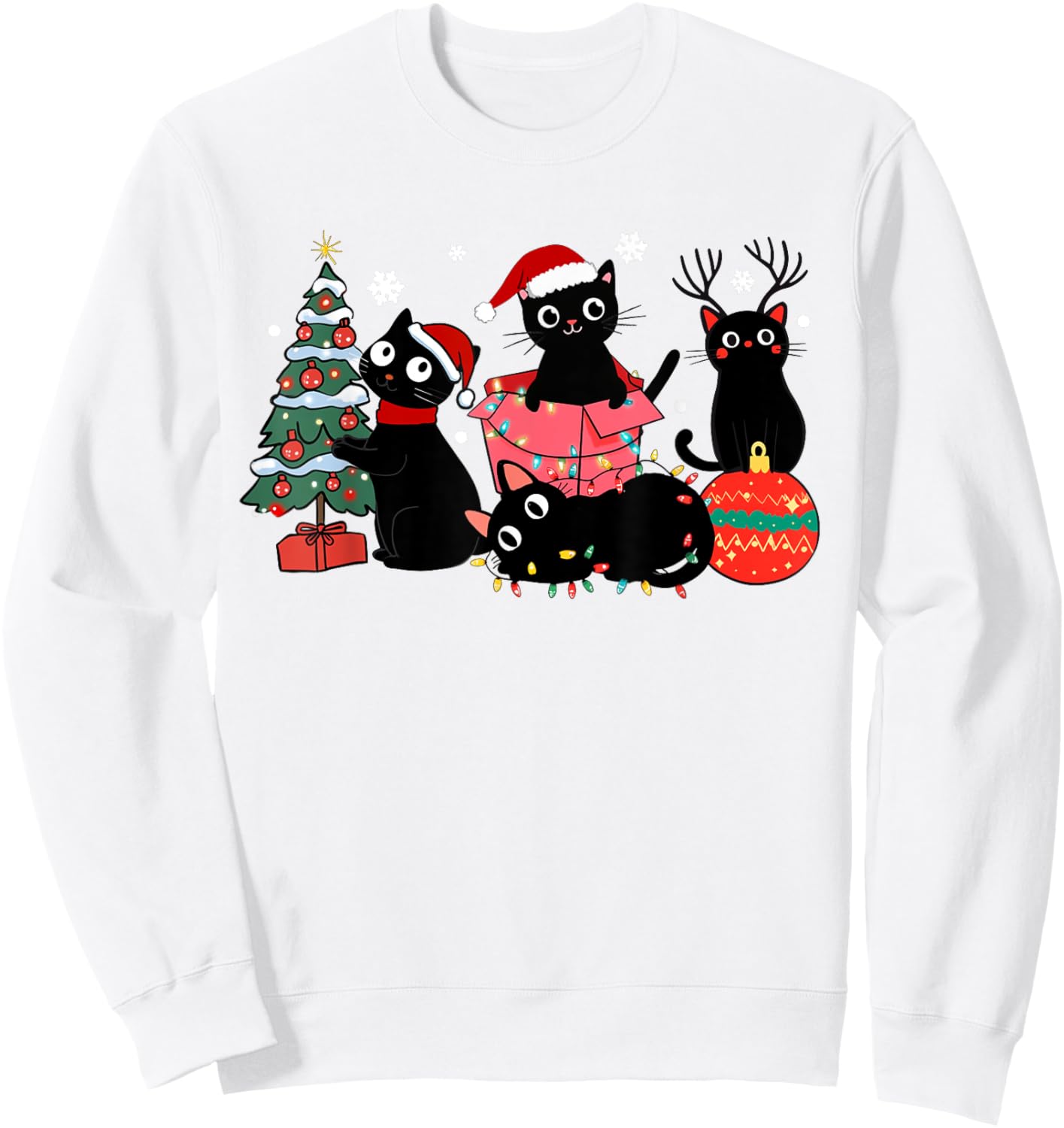 Meowy Christmas Black Cats Play Christmas Tree Lights Cats Sweatshirt - Sweatshirt | White