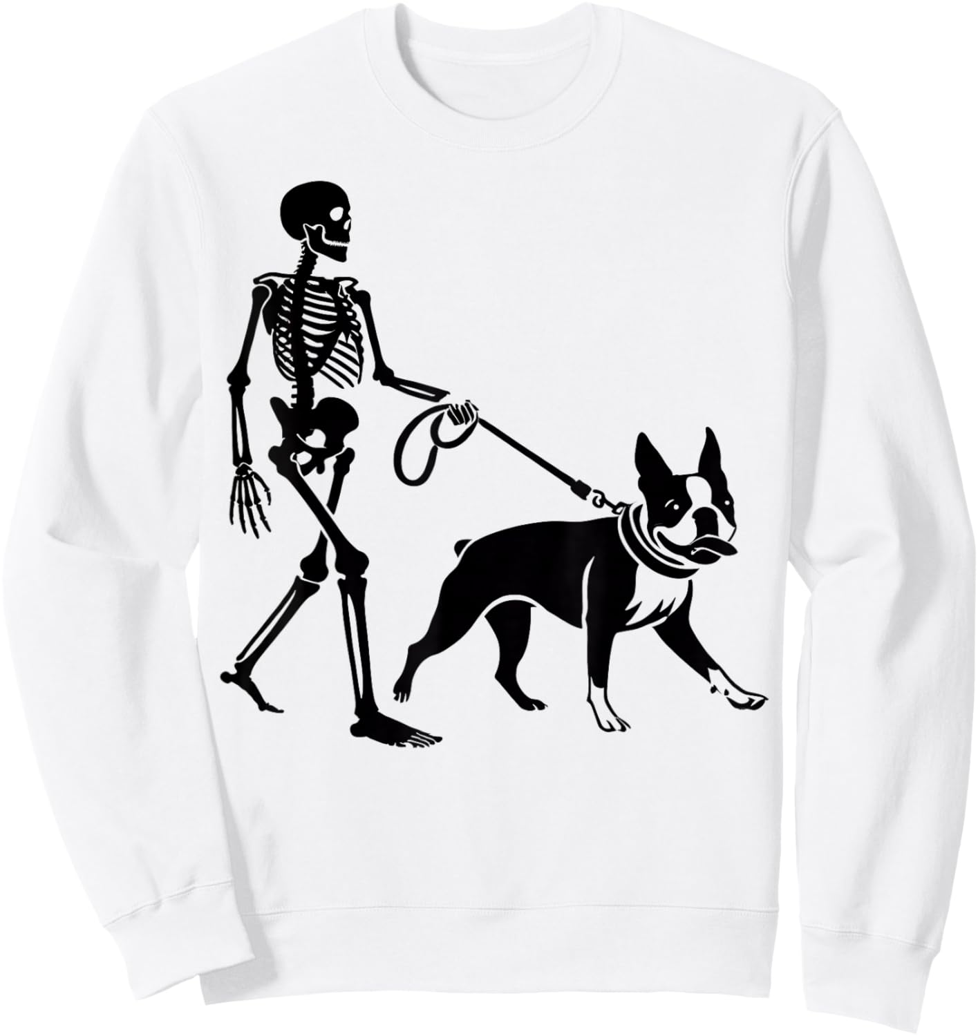 Funny Halloween Skeleton Walking Boston Terrier Dog Lover Sweatshirt - Sweatshirt | White
