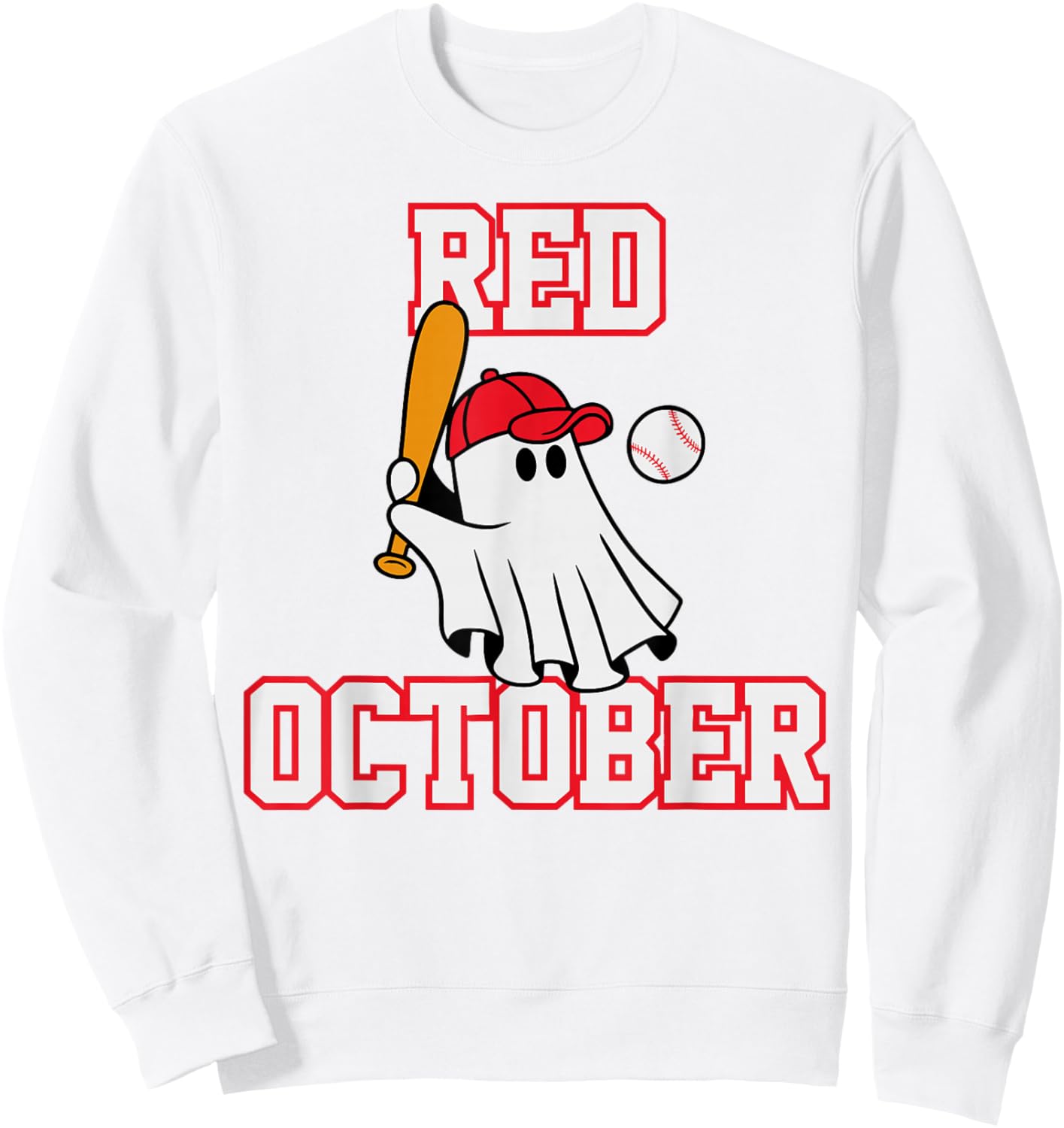 Red October Halloween Ghost Playing Baseball Sport Women Men Sweatshirt - Sweatshirt | White
