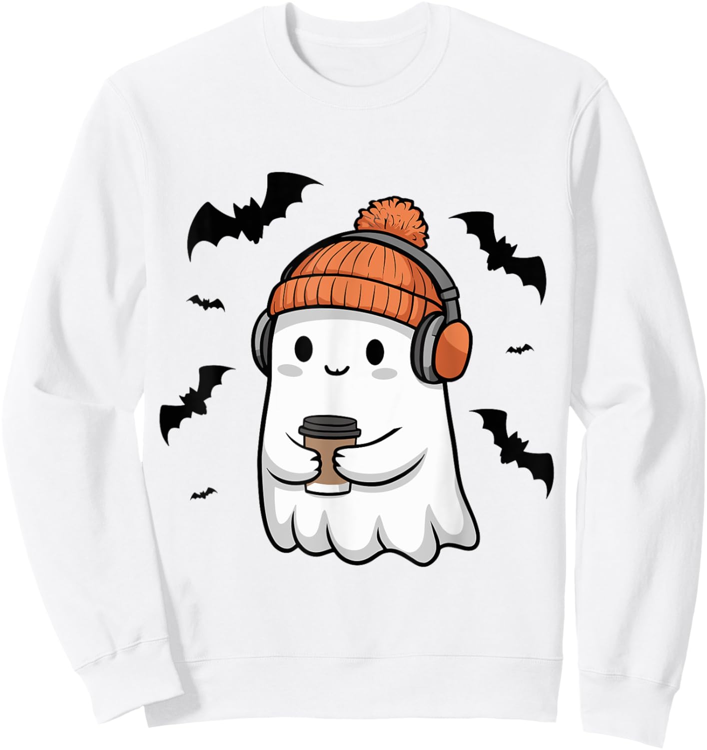 Cute Ghost Headphone Music Coffee Spooky Halloween Sweatshirt - Sweatshirt | White