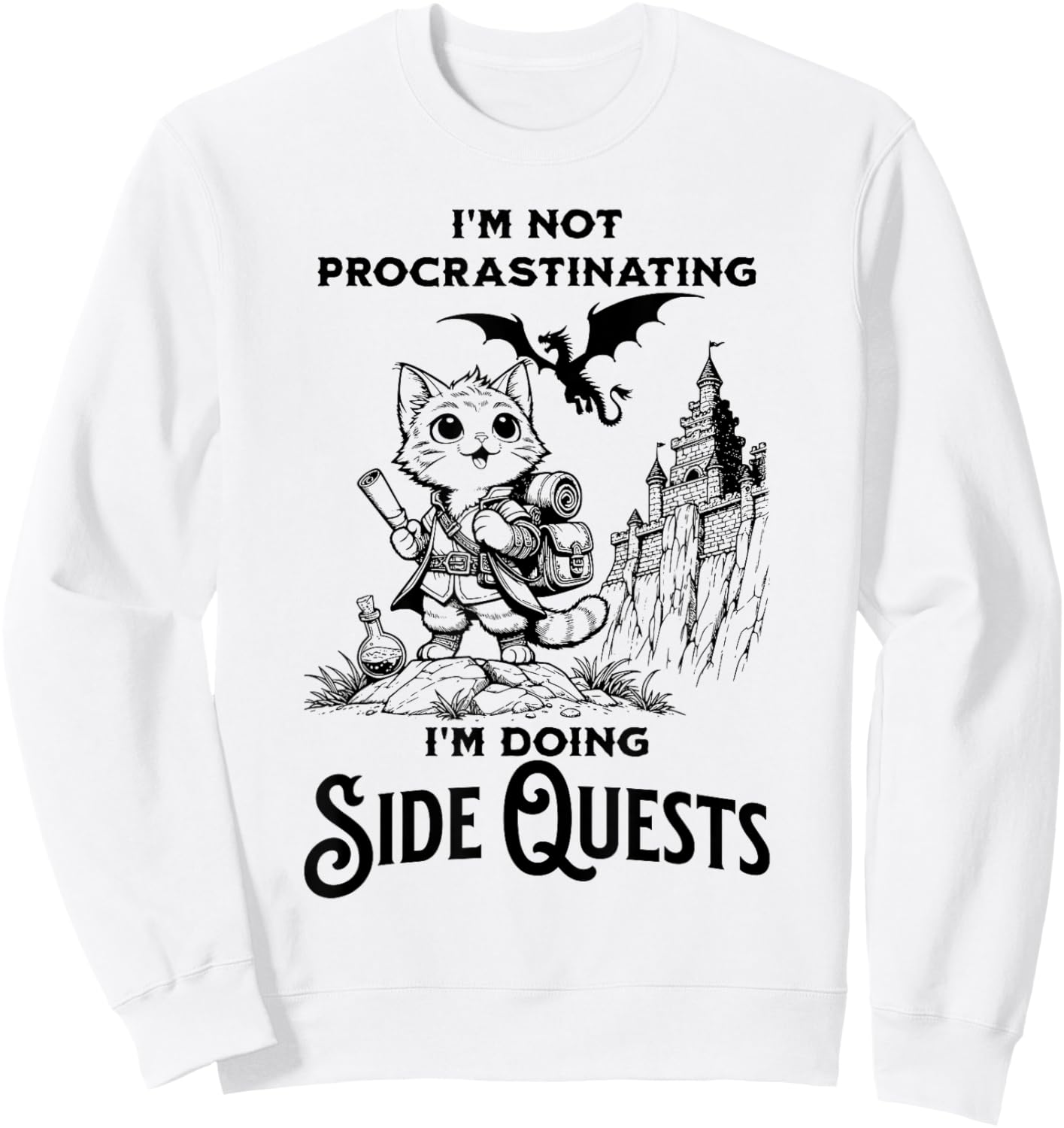 I'm Not Procrastinating I'm Doing Side Quests RPG Gamer Cat Men Women Kids Sweatshirt - Sweatshirt | White