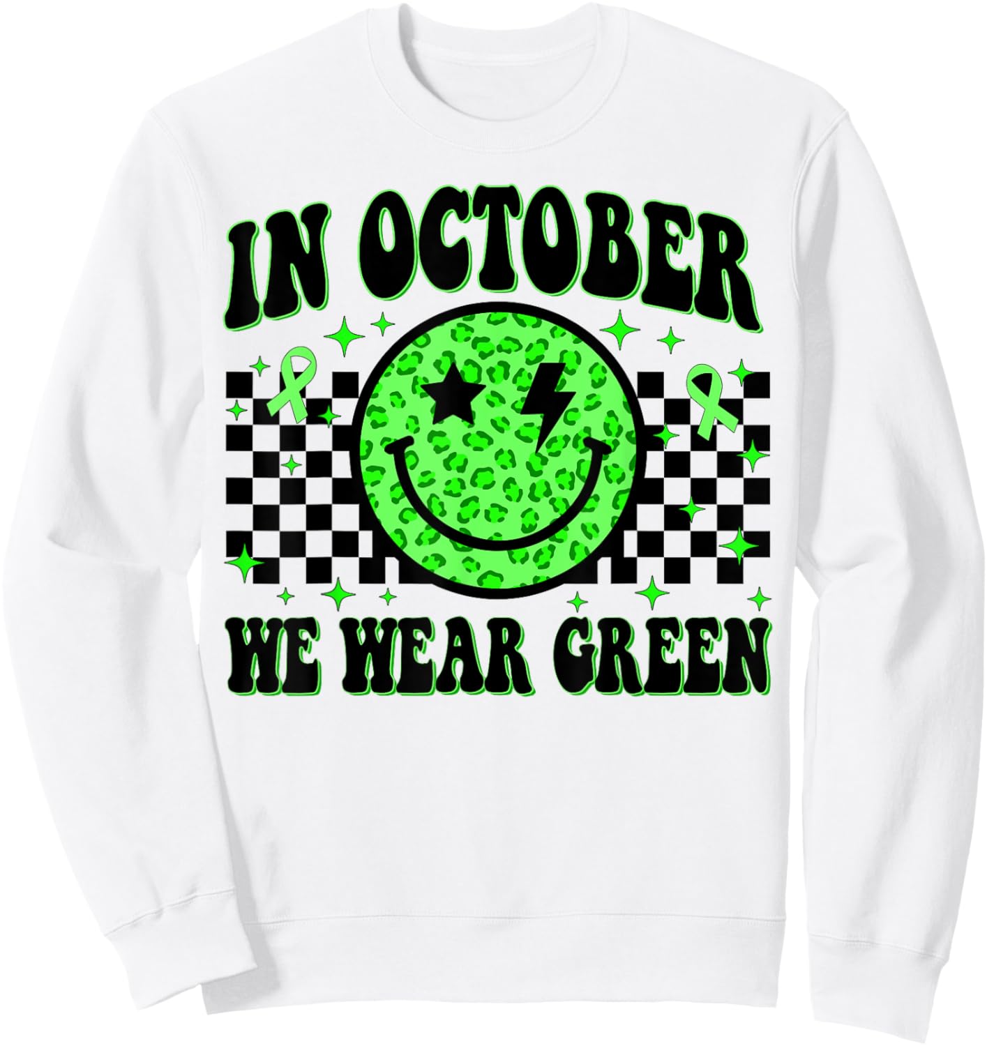 In October We Wear Green Ribon Smile Face Dwarfism Awareness Sweatshirt - Sweatshirt | White