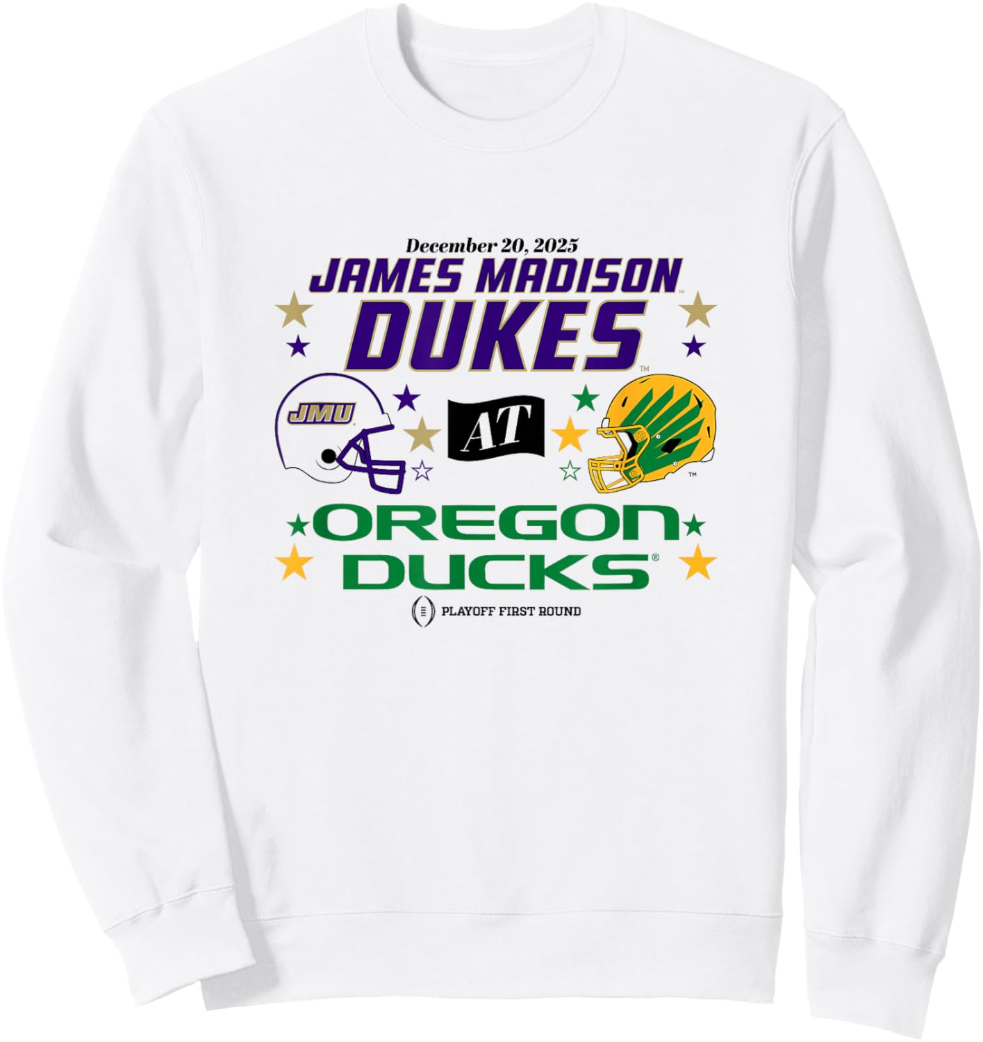 Oregon Ducks & JMU Dukes: 2025 CFP First Round Matchup Sweatshirt - Sweatshirt | White