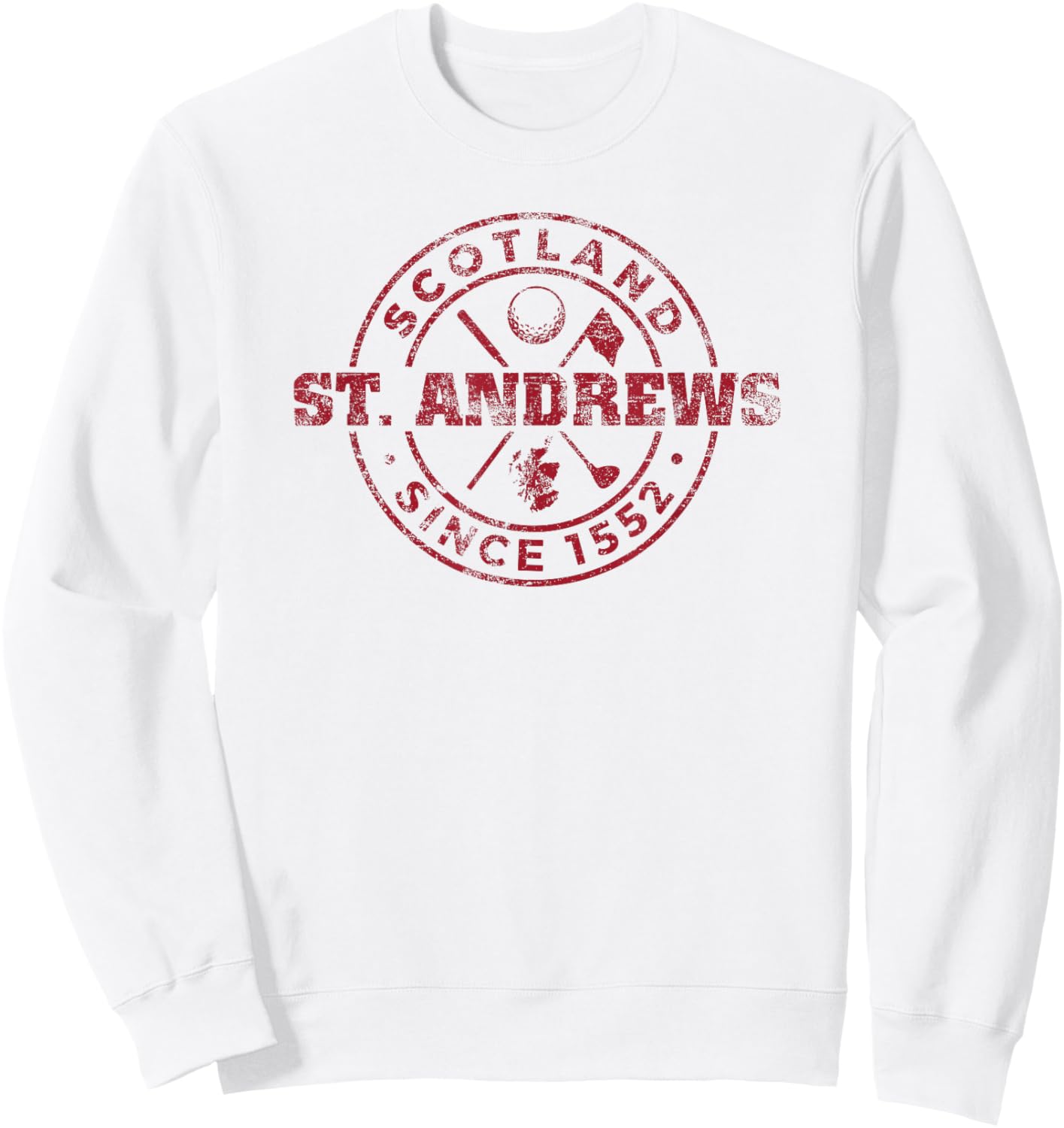St. Andrews Scotland Golf 1552 Cardinal Imprint Distressed Sweatshirt - Sweatshirt | White