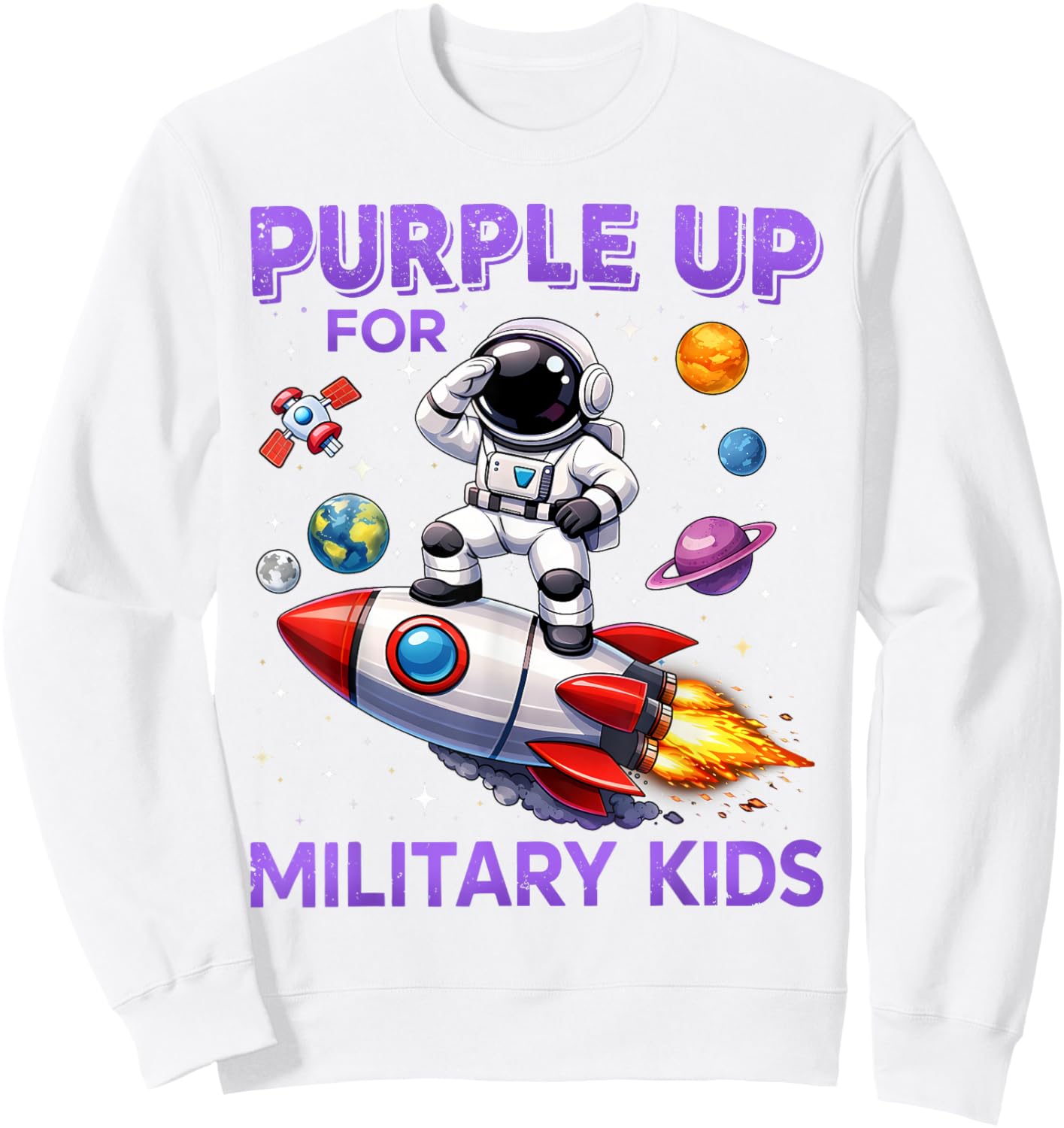 Purple Up Military Kids Military Child Month Astronaut Funny Sweatshirt - Sweatshirt | White