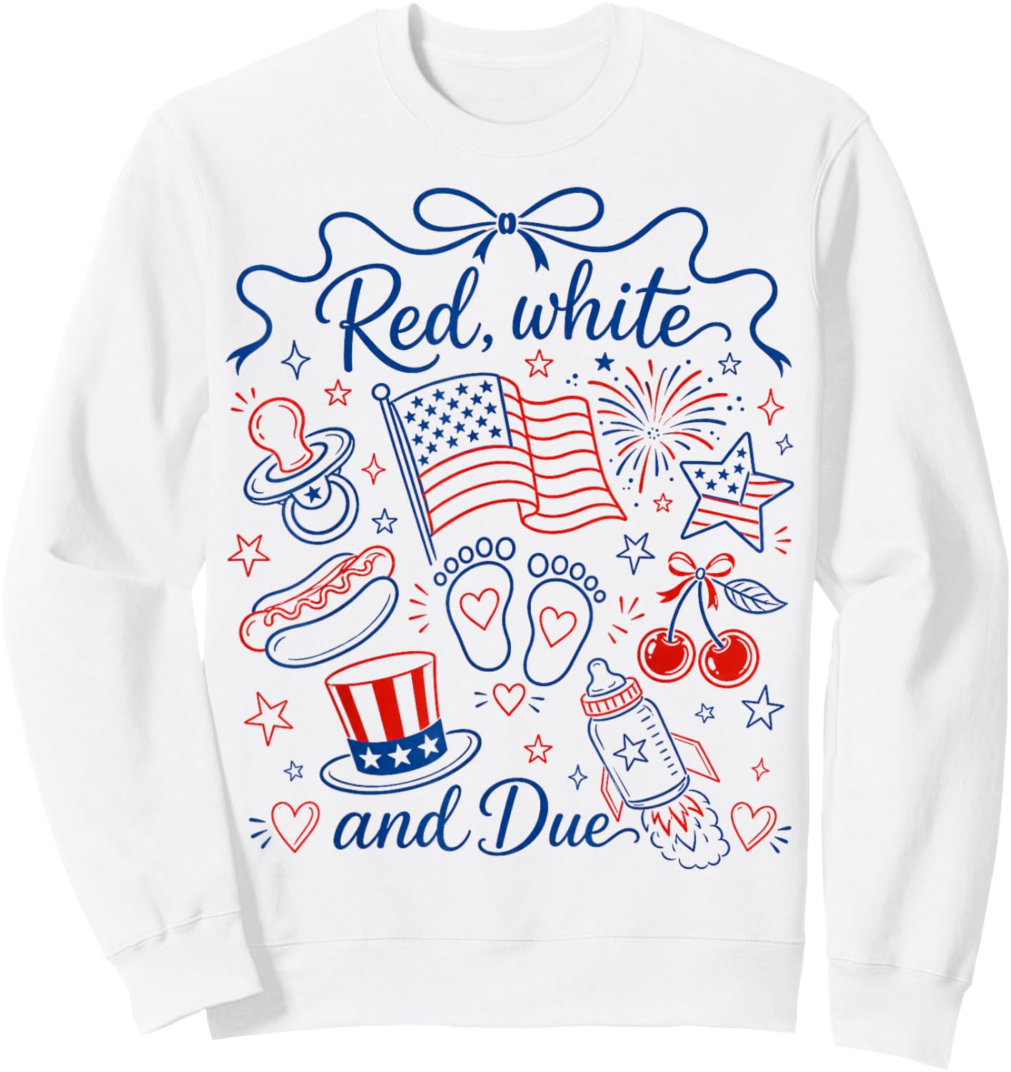 Red White and Due 4th of July Pregnancy Reveal Coquette Bow Sweatshirt - Sweatshirt | White