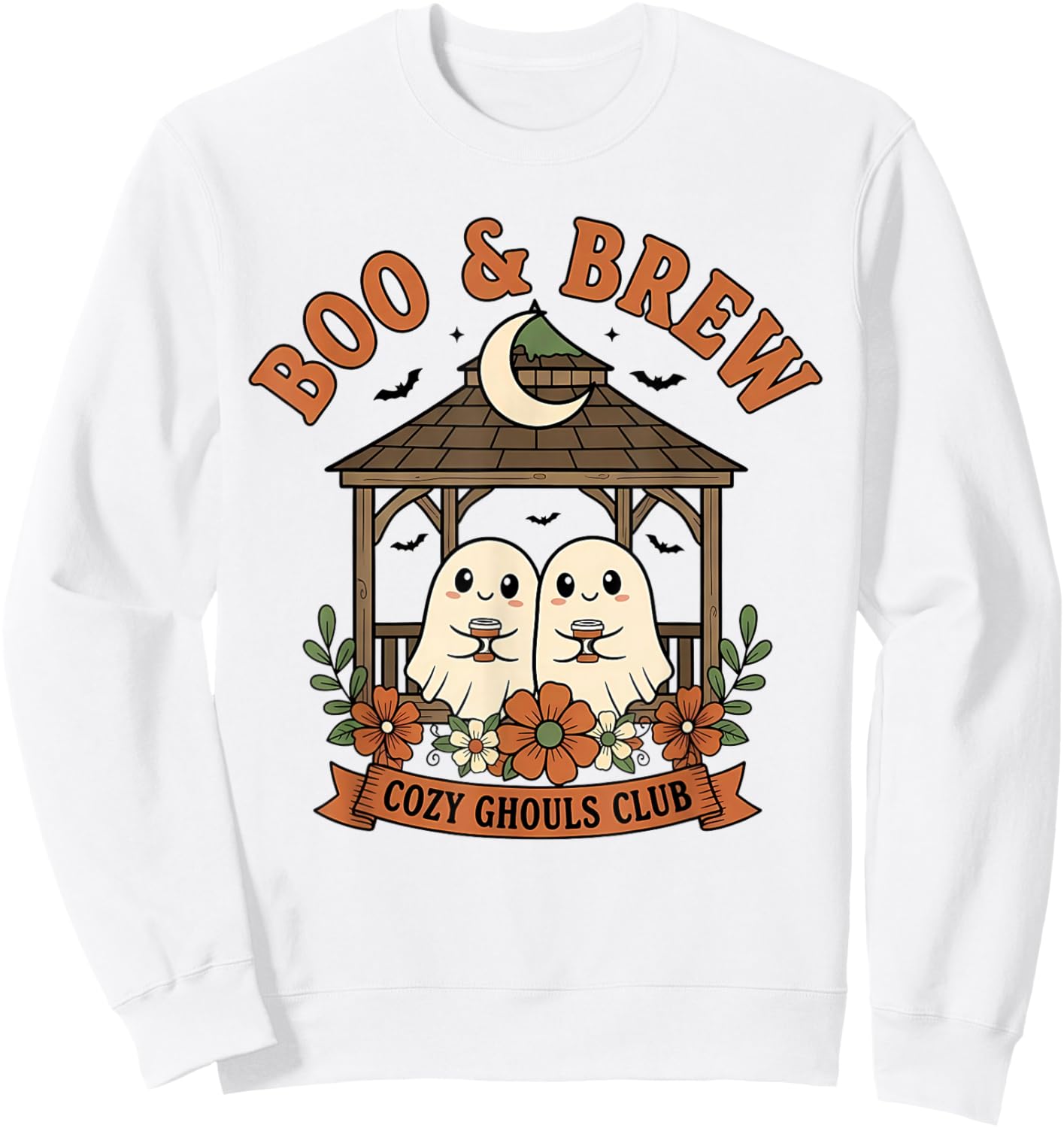 Boo & Brew Cozy Ghouls Club Cute Ghost Coffee Halloween Sweatshirt - Sweatshirt | White