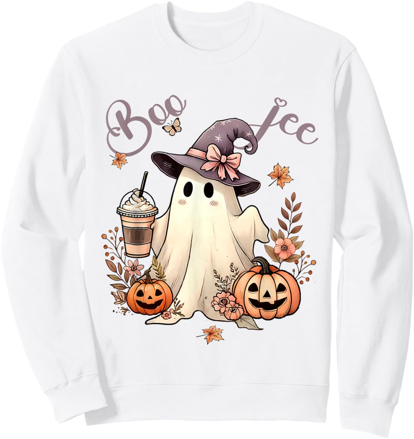 Boo Jee Ghost Ice Coffee Coquette Bow Halloween Women Girl Sweatshirt - Sweatshirt | White