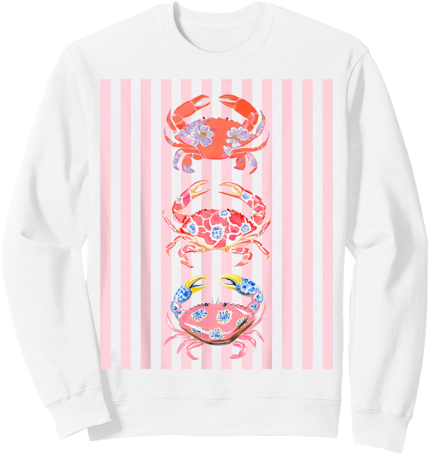 Floral Crab Preppy Coastal Aesthetic Beach Graphic Summer Sweatshirt - Sweatshirt | White