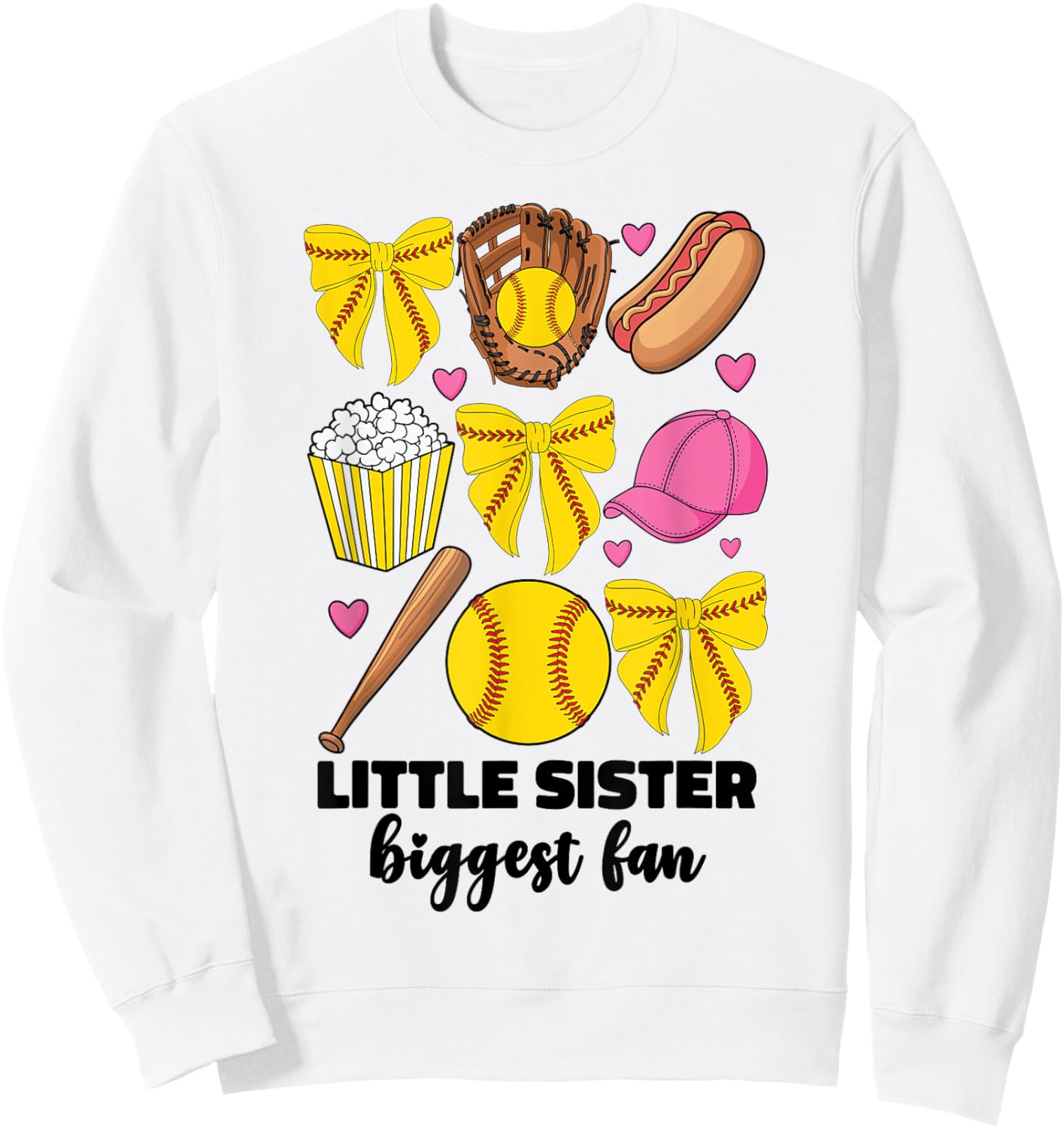 Little Sister Biggest Fan Softball Teen Girls Coquette Bow Sweatshirt - Sweatshirt | White