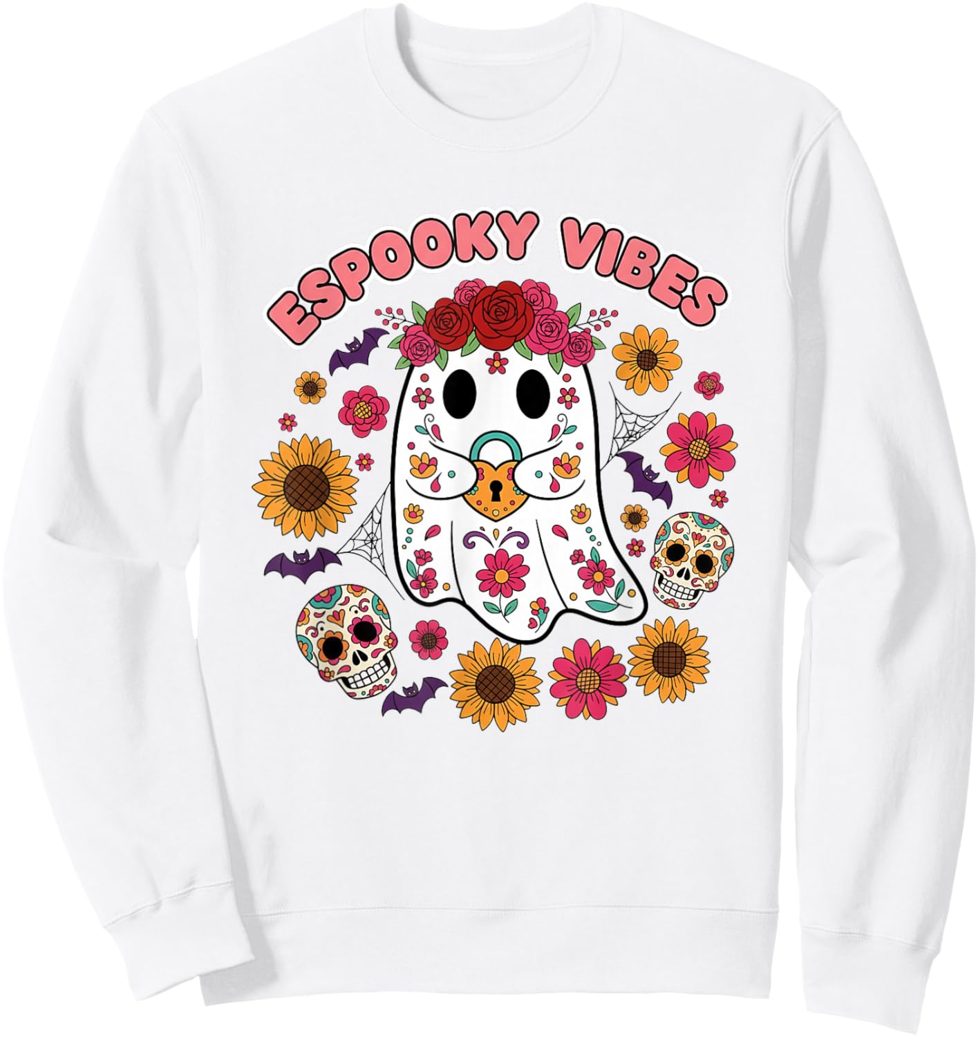Espooky Vibes Halloween Floral Ghost Day of The Dead Mexican Sweatshirt - Sweatshirt | White