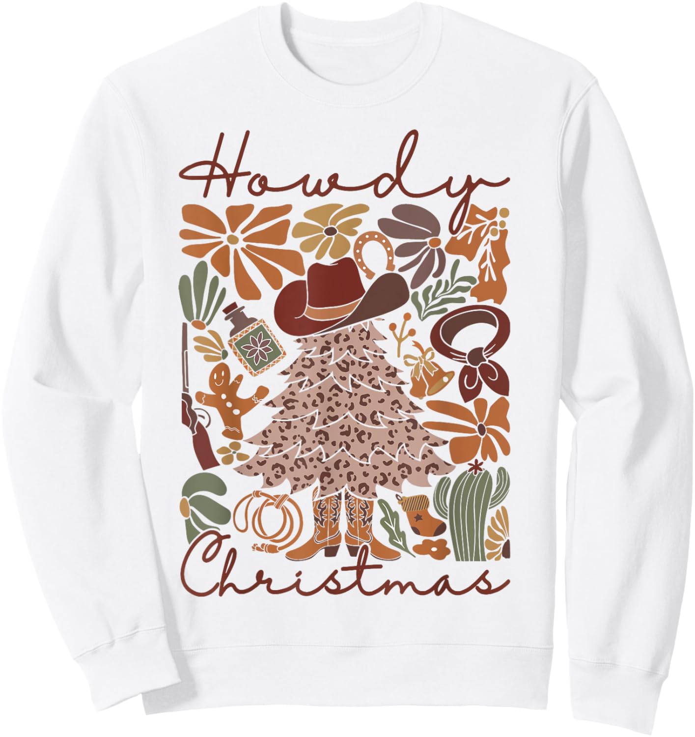 Western Santa Hat Howdy Christmas Tree Boho Flower Cowboy Sweatshirt - Sweatshirt | White