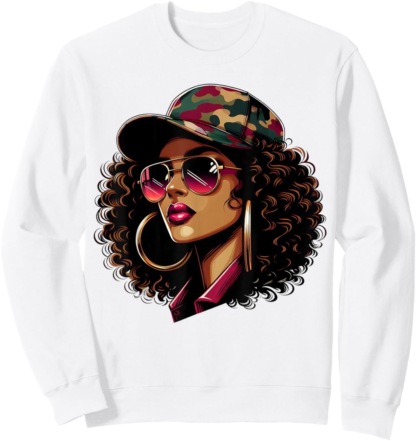 Queen Black Woman With Camo Cap Locs African American Sweatshirt - Sweatshirt | White