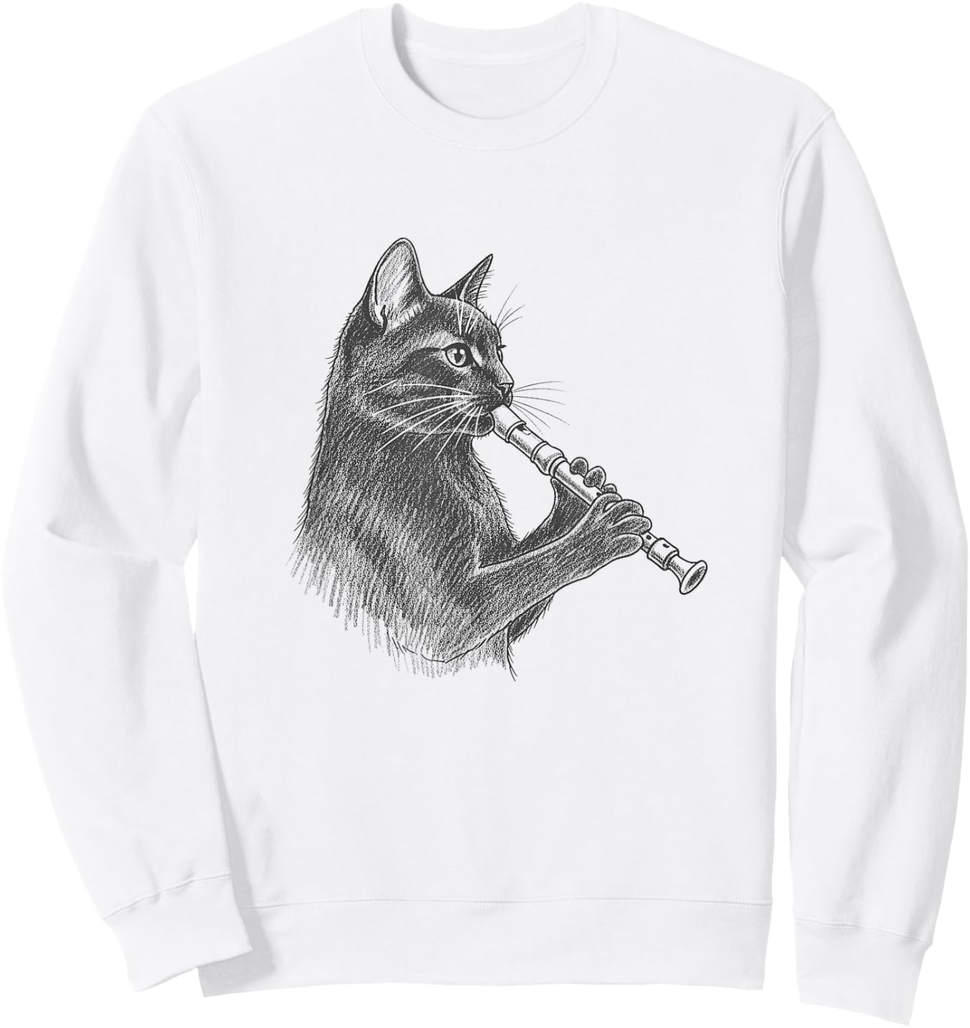 Cat Playing Recorder Sketch Art Design Sweatshirt - Sweatshirt | White
