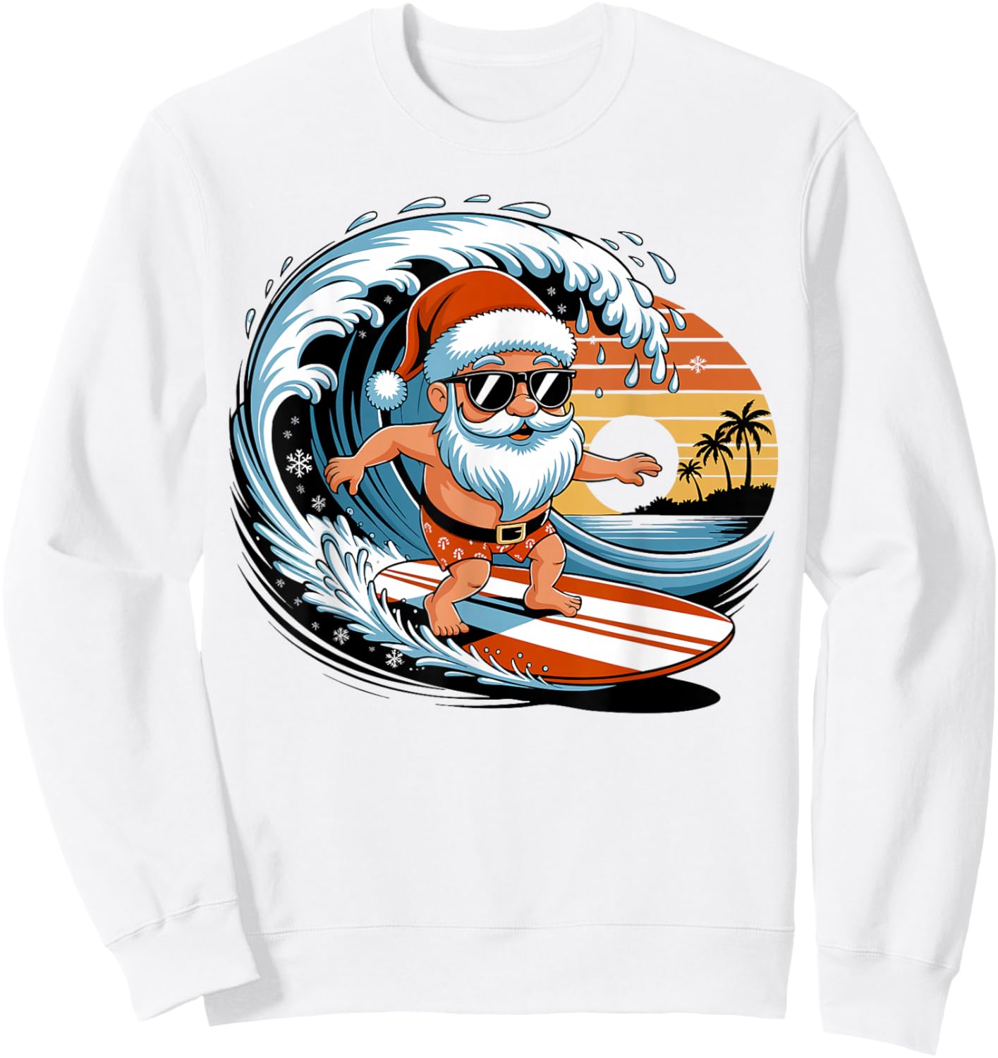 Santa Surfing Hawaiian Beach Christmas in July Tropical Xmas Sweatshirt - Sweatshirt | White
