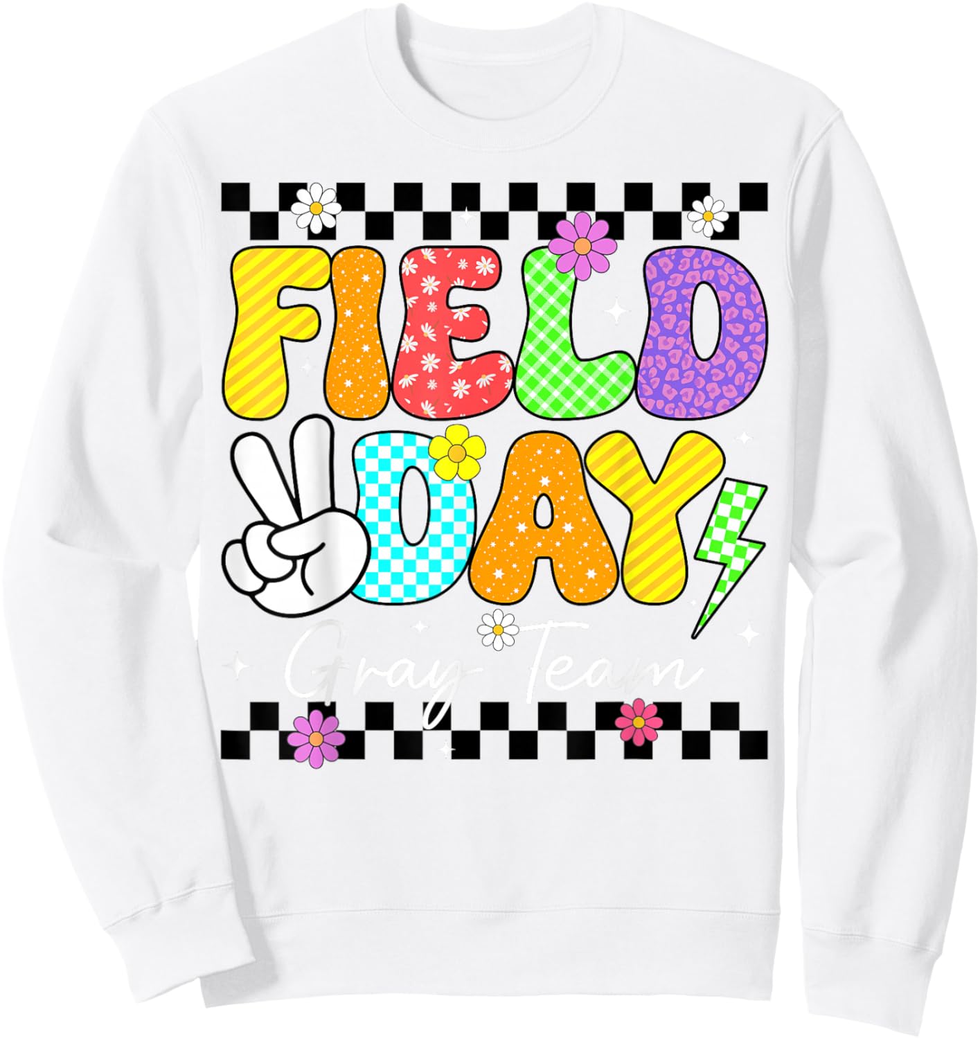 Groovy Field Day Gray Team Peace Lightning Teacher Kid Sweatshirt - Sweatshirt | White
