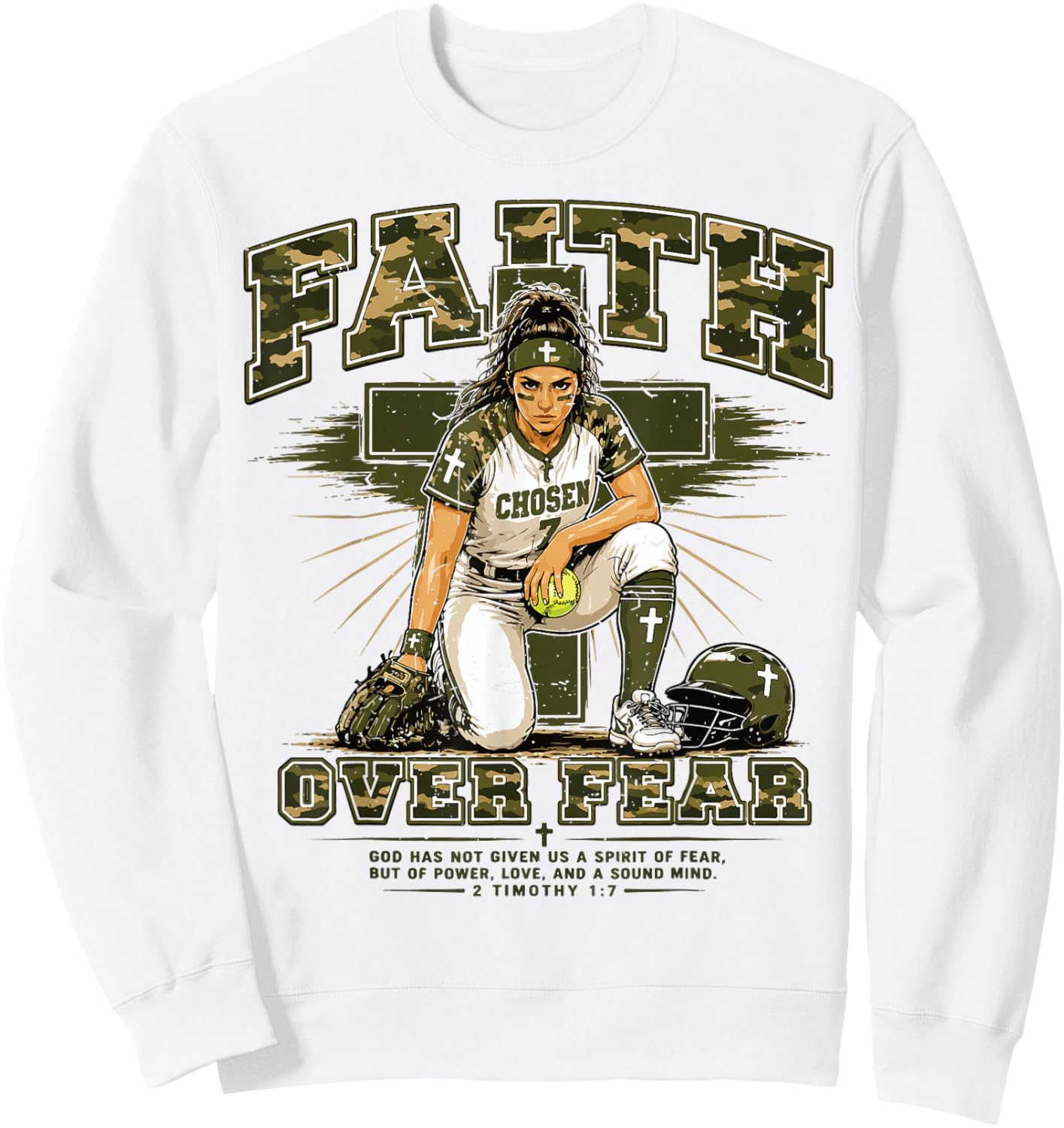 Girls Camo Christian Softball Faith Over Fear Camouflage Sweatshirt - Sweatshirt | White