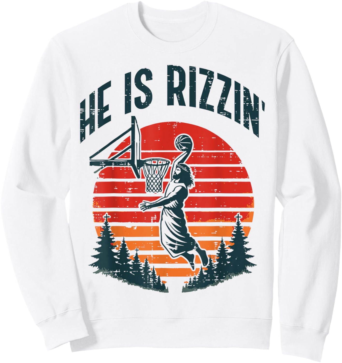 Easter He Is Rizzin Retro Basketball Religious Men Boys Kids Sweatshirt - Sweatshirt | White