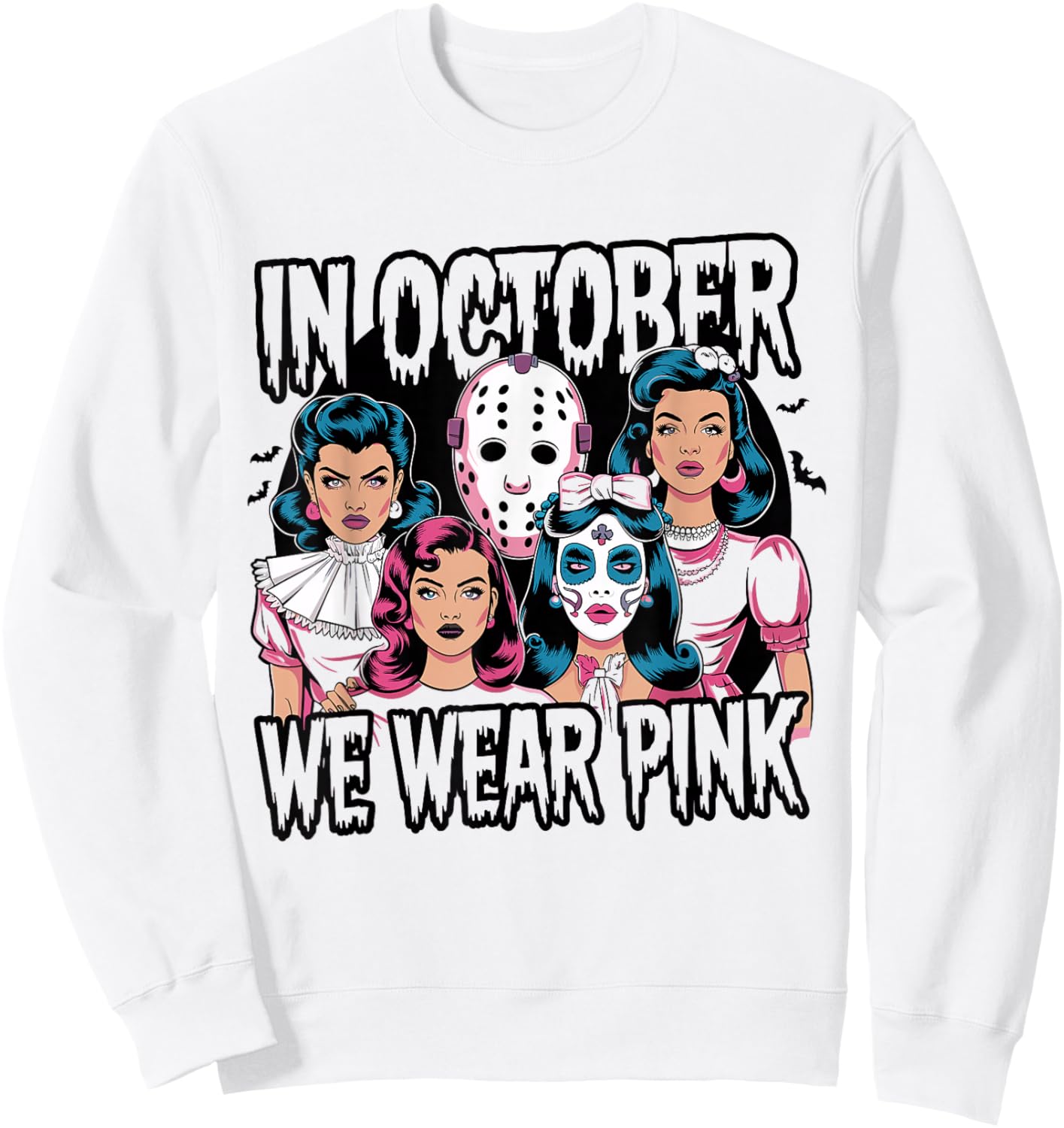 In October We Wear Pink Horror Breast Cancer Awareness Sweatshirt - Sweatshirt | White