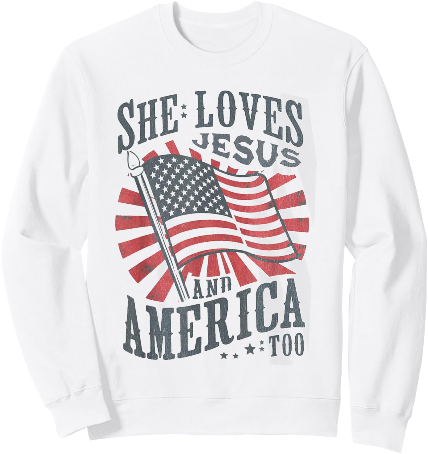 Women Retro She Loves Jesus and America Too USA 4th of July Sweatshirt - Sweatshirt | White