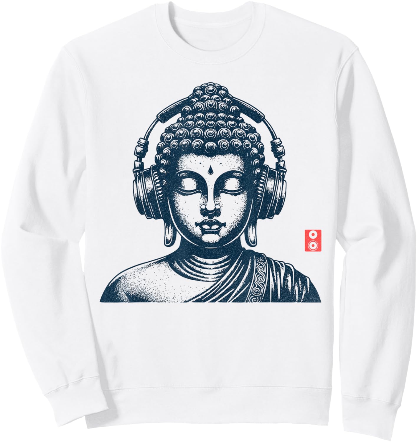 Buddha Wearing Headphones Vintage Retro Grey , -Adult, Short Sleeve, Music, Buddha, Relax Sweatshirt - Sweatshirt | White