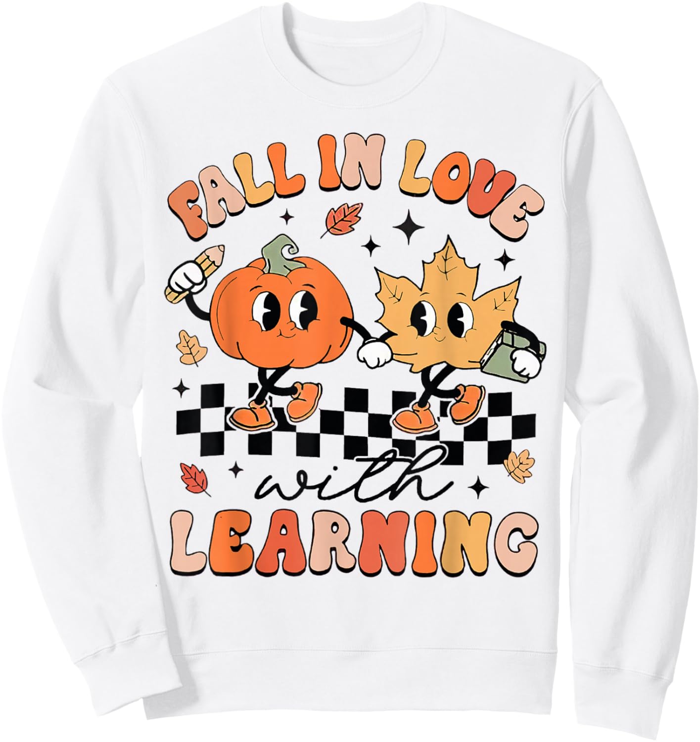 Retro Fall In Love With Learning Autumn Pumpkin Teacher Sweatshirt - Sweatshirt | White
