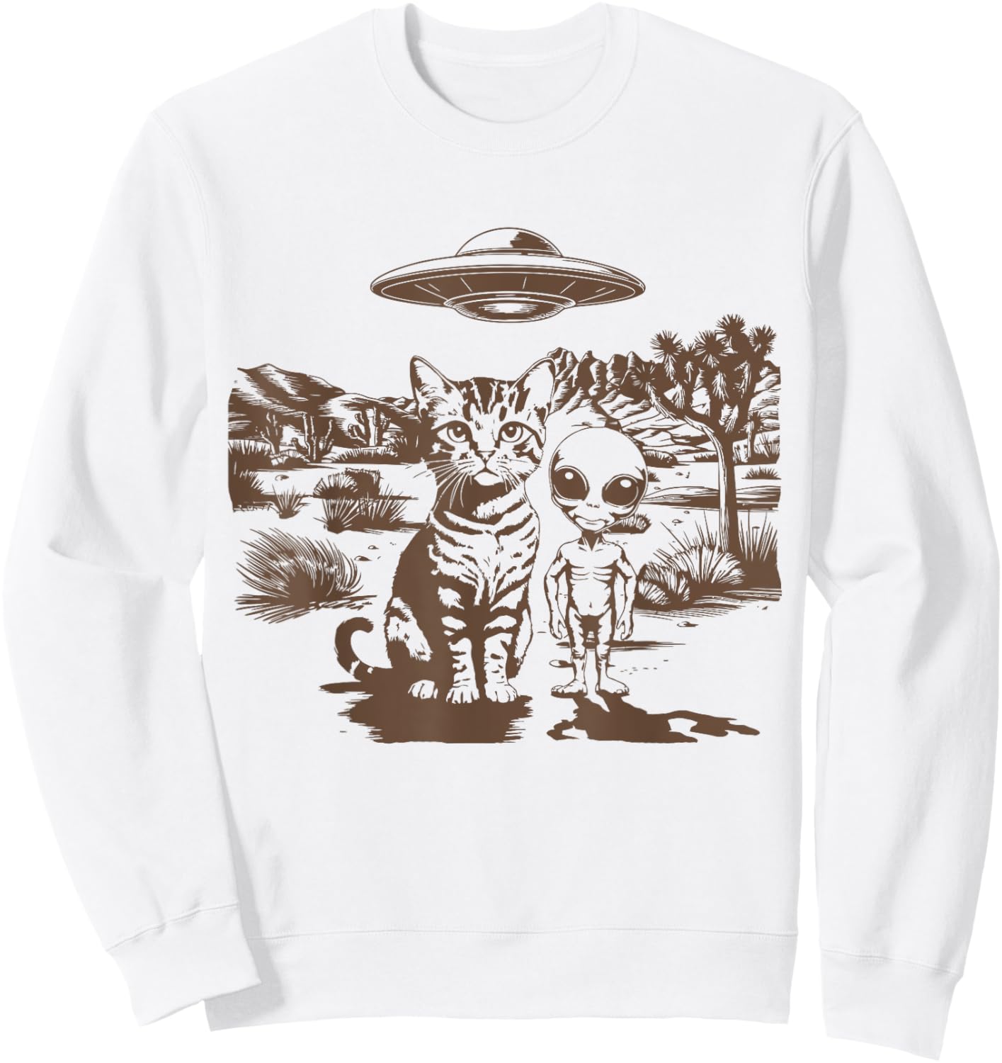 UFO Cat Western Alien Vintage 90s Wild West Funny Cowboy Cat Sweatshirt - Sweatshirt | White