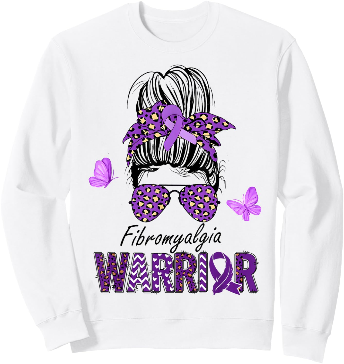 Fibromyalgia Awareness Messy Bun Purple Ribbon warrior Sweatshirt - Sweatshirt | White