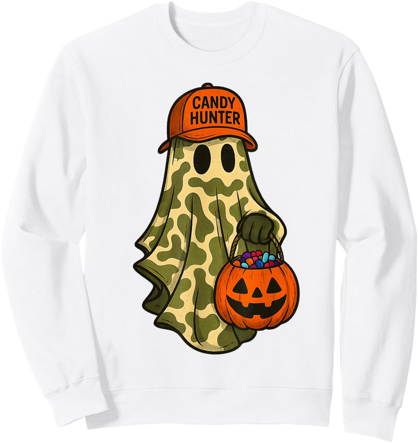 Camo Ghost Candy Hunter Halloween Funny Boys Kid Men Hunting Sweatshirt - Sweatshirt | White