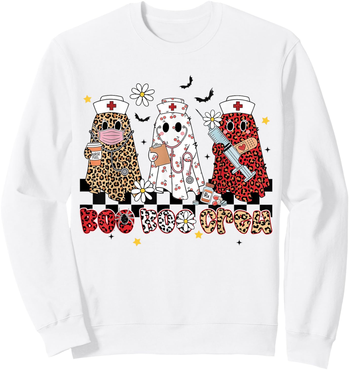 Floral Boo Crew Leopard Ghost Halloween Night Shift Nurse Sweatshirt - Sweatshirt | White