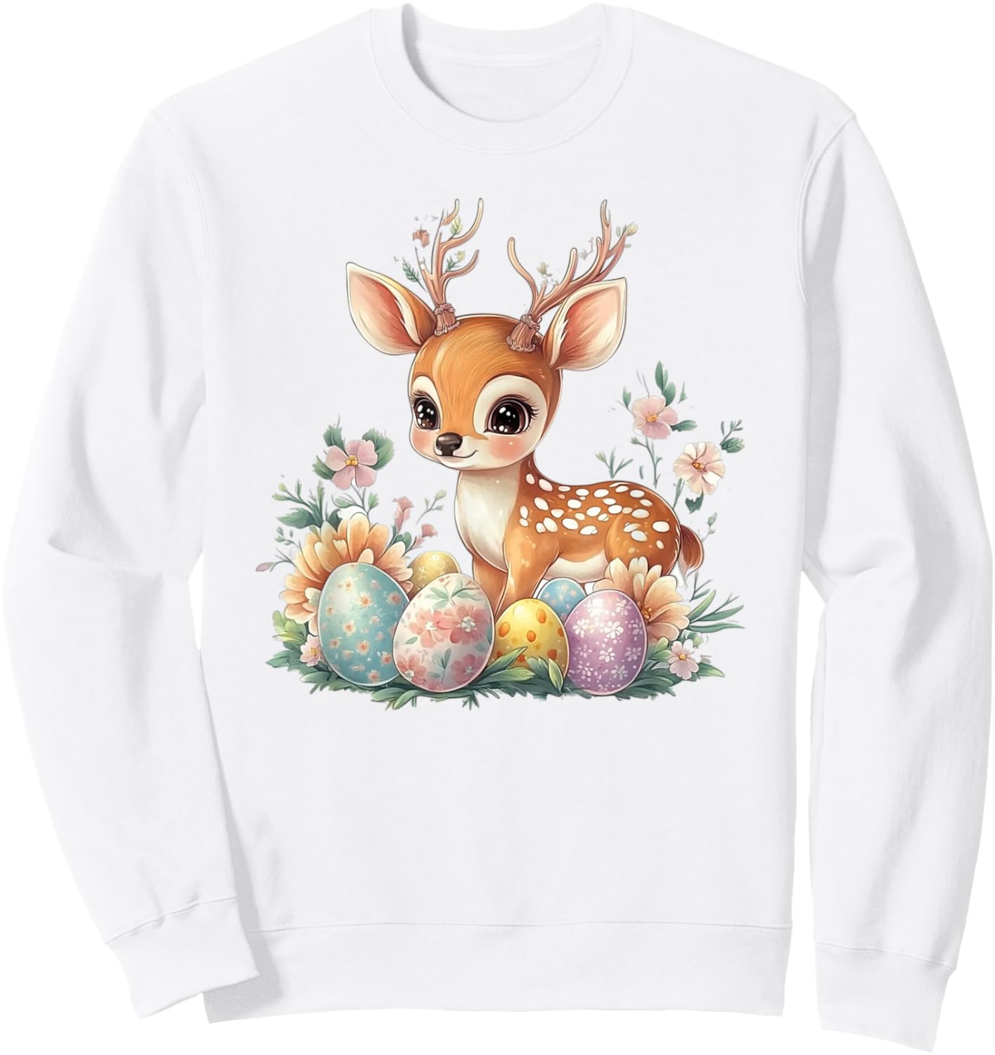 Easter Day, Cute Kawaii Baby Deer With Flowers & Easter Eggs Sweatshirt - Sweatshirt | White