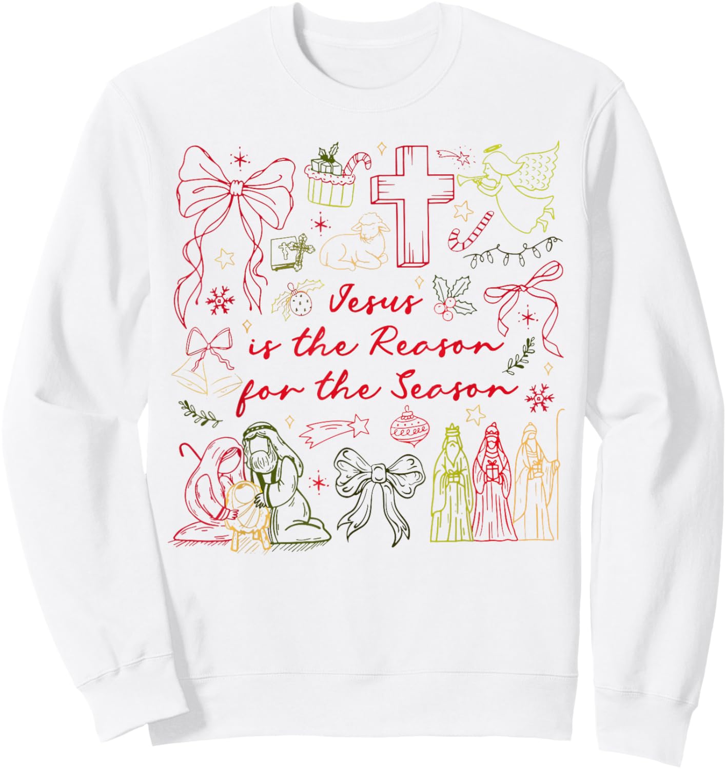 Jesus is The Reason Christian Cross Coquette Bow Christmas Sweatshirt - Sweatshirt | White