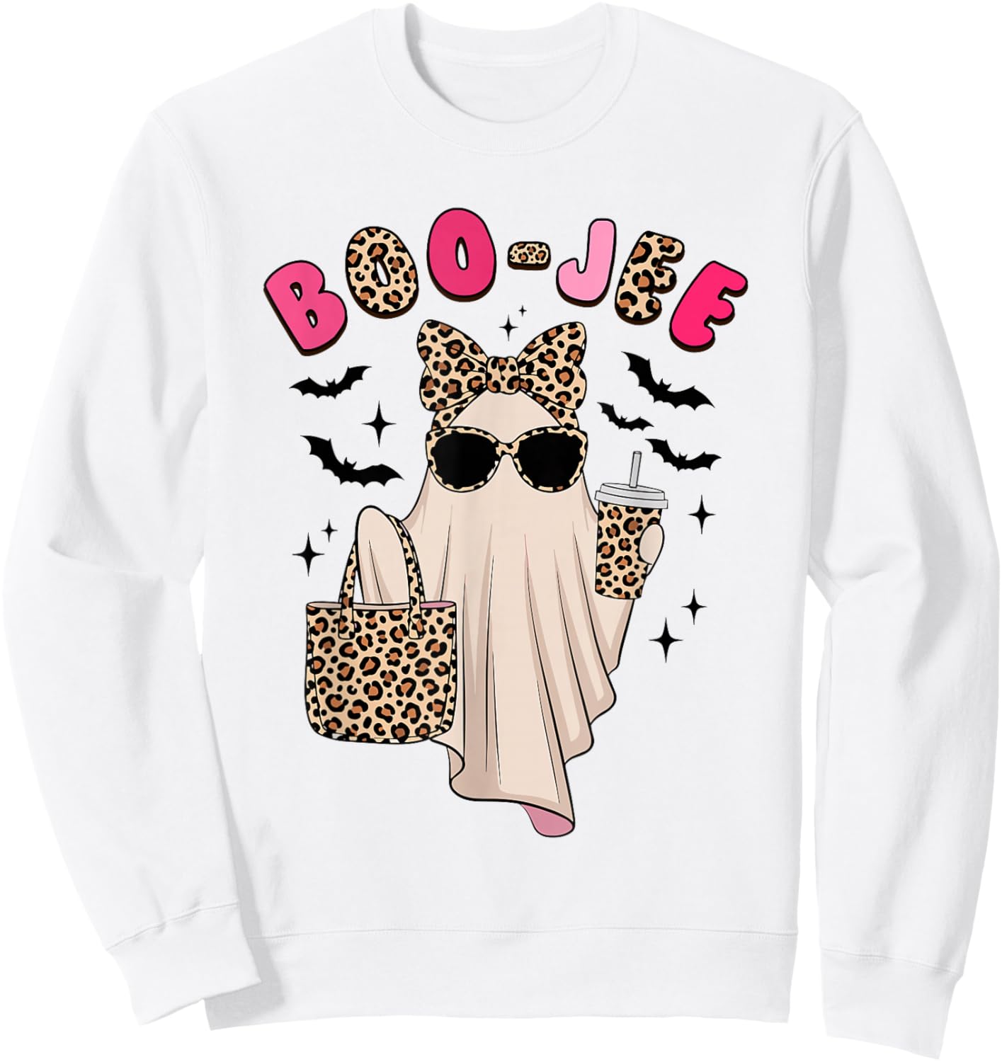 Coquette Leopard Ghost Coffee Boo-JEE Halloween Boujee Ghost Sweatshirt - Sweatshirt | White