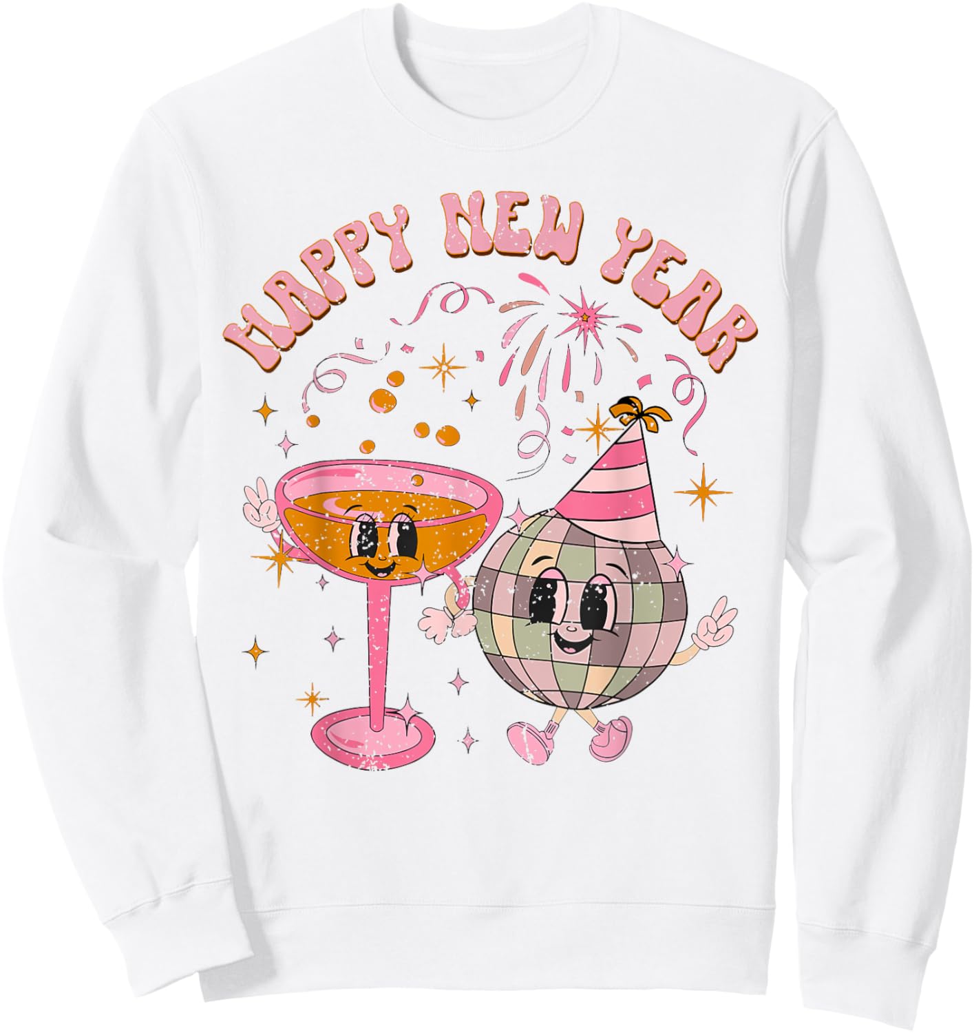 Happy New Year 2025 Disco Ball Wine Glass Cheers Drink Party Sweatshirt - Sweatshirt | White