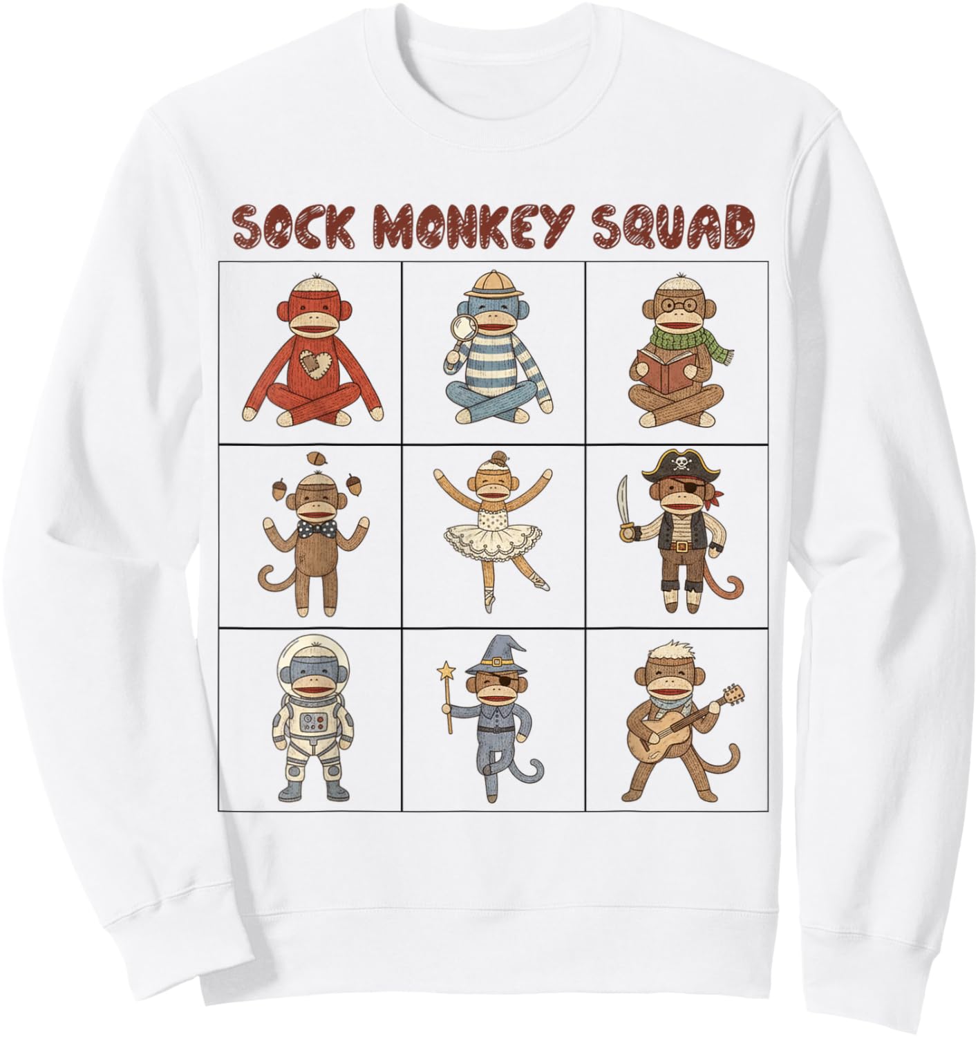 Sock Monkey Grid Graphic - Retro Vintage Sock Monkey Lovers Sweatshirt - Sweatshirt | White