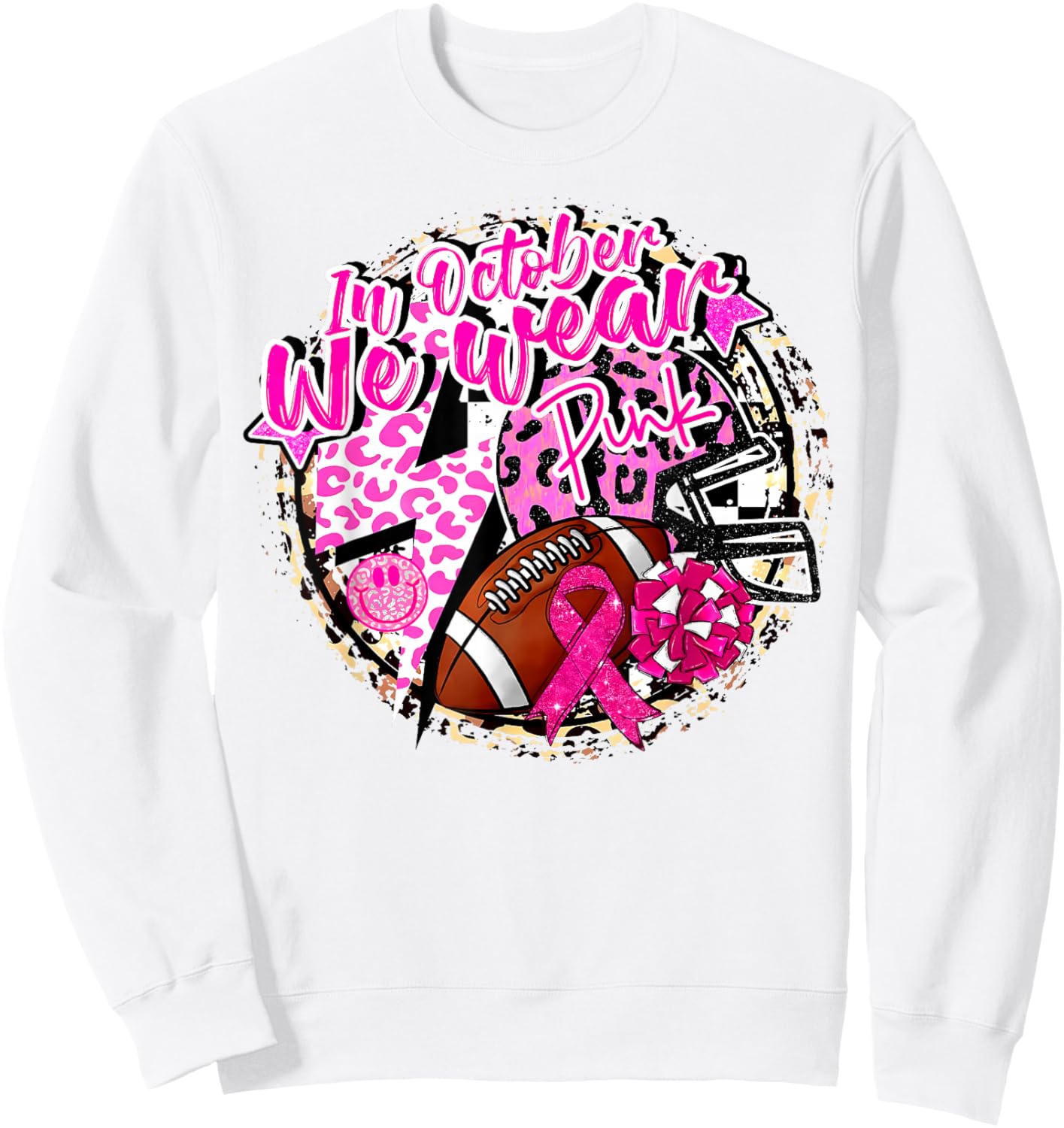 in October We Wear Pink Football Breast Cancer Cheer Mom Sweatshirt - Sweatshirt | White