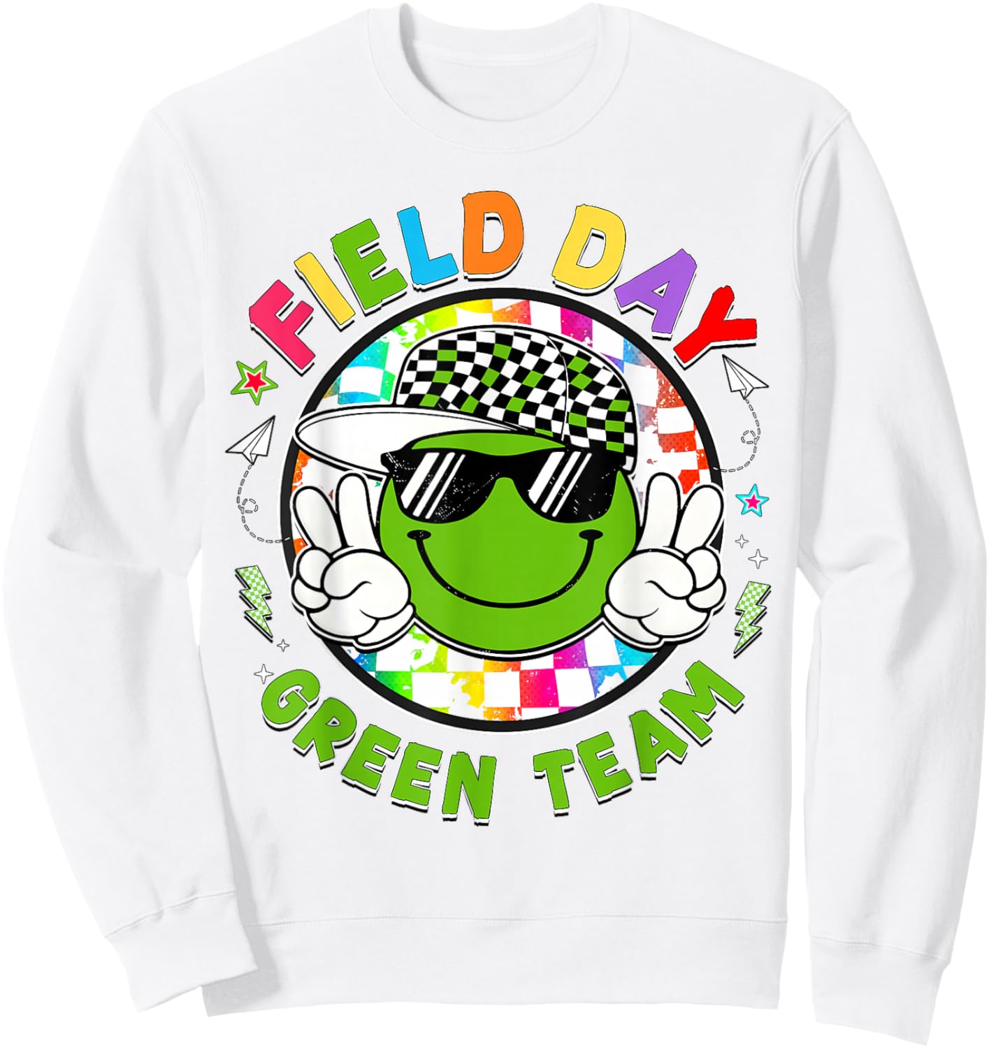 Field Day Green Team Smile Face Peace Sign Men Women Kids Sweatshirt - Sweatshirt | White
