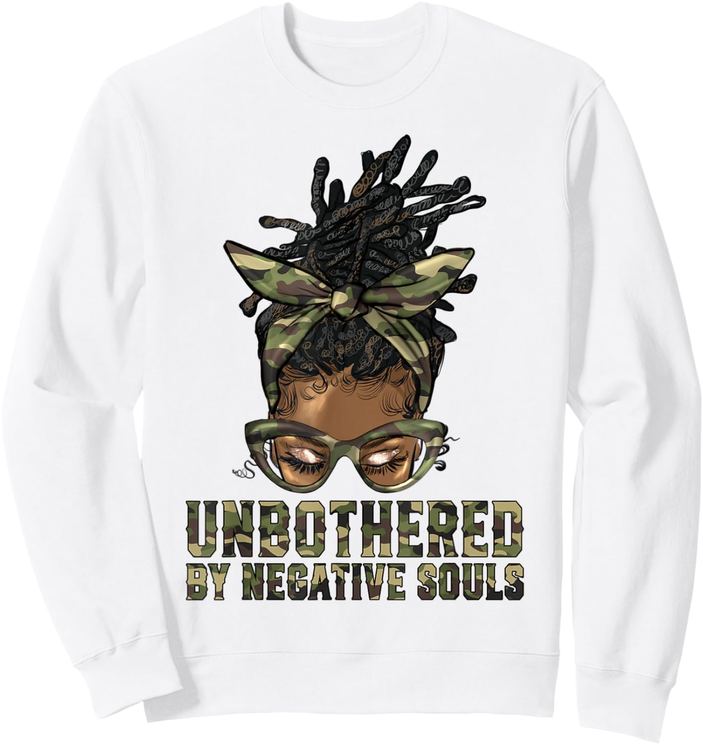 Loc'd Hair Messy Bun Black Woman Girl Camo Unbothered Sweatshirt - Sweatshirt | White
