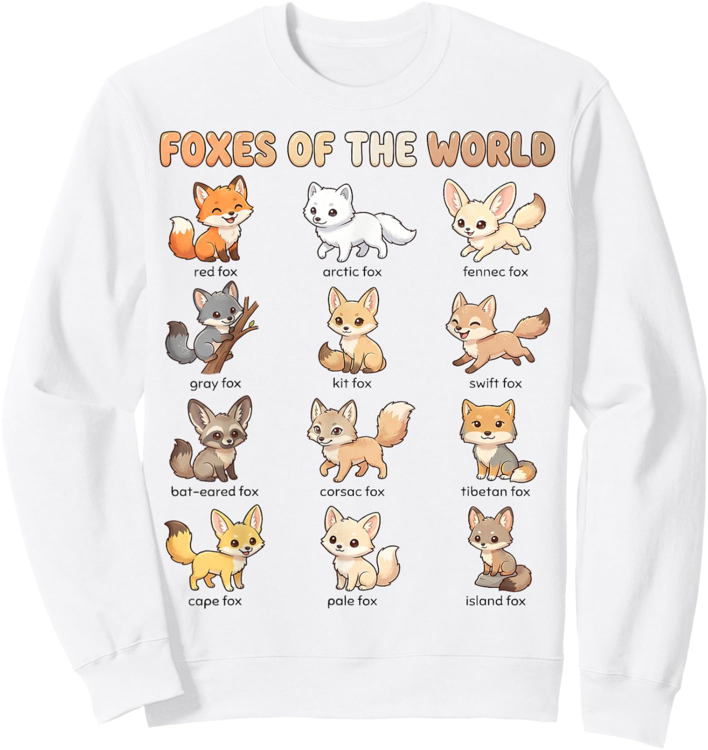 Foxes of the World Names Chart for Kids Cute Fox Species Sweatshirt - Sweatshirt | White