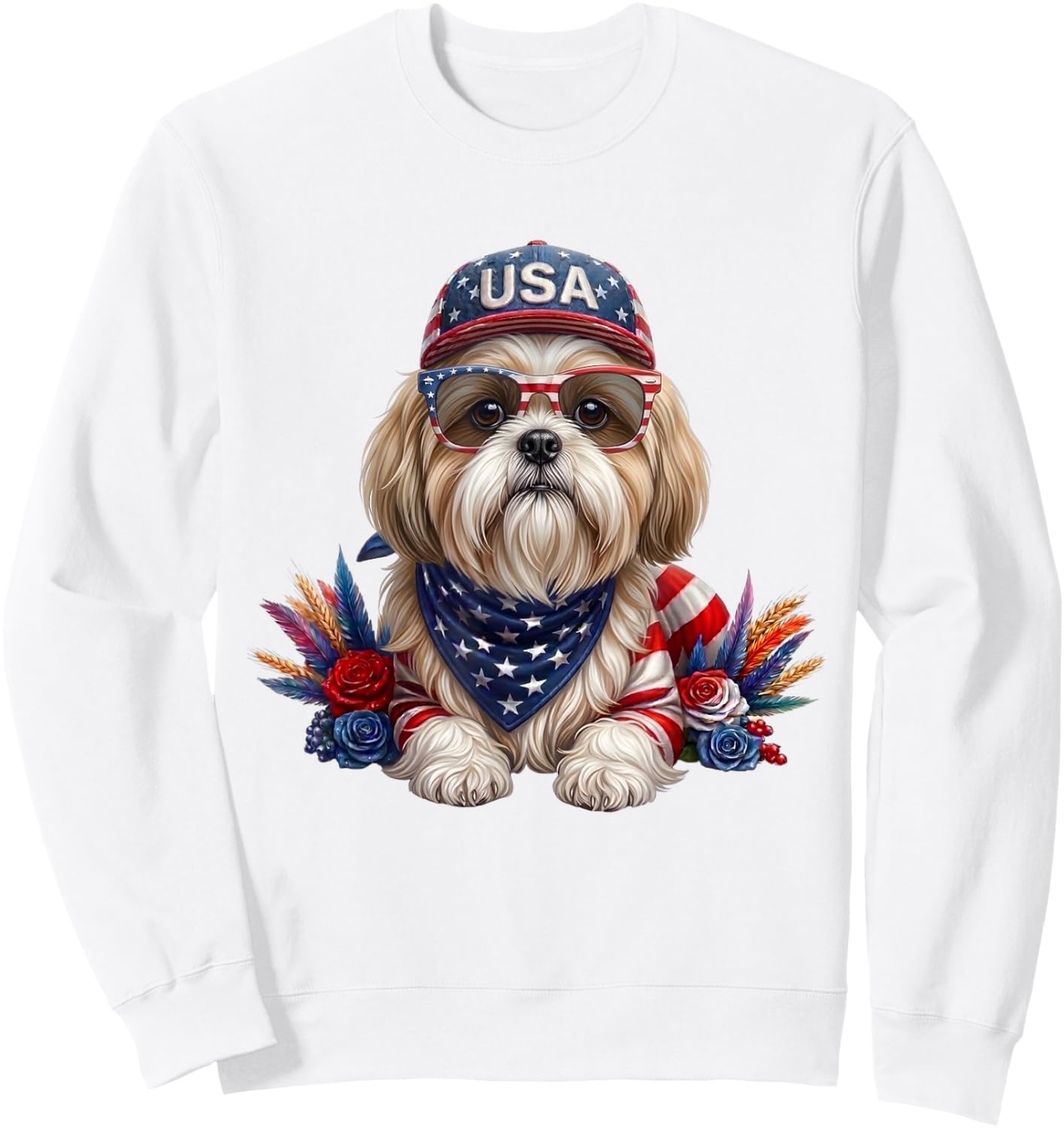 4th of July Shih Tzu American Flag USA Patriotic Dog Sweatshirt - Sweatshirt | White