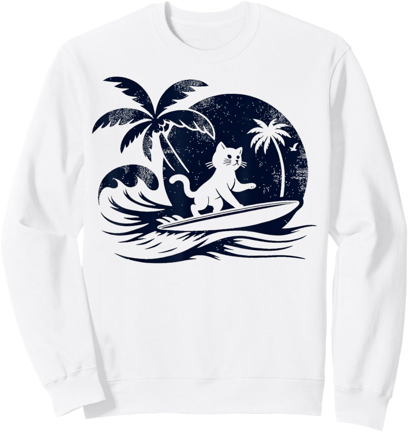 Cat Surfing Wave at Tropical Ocean Vintage Surf Sweatshirt - Sweatshirt | White