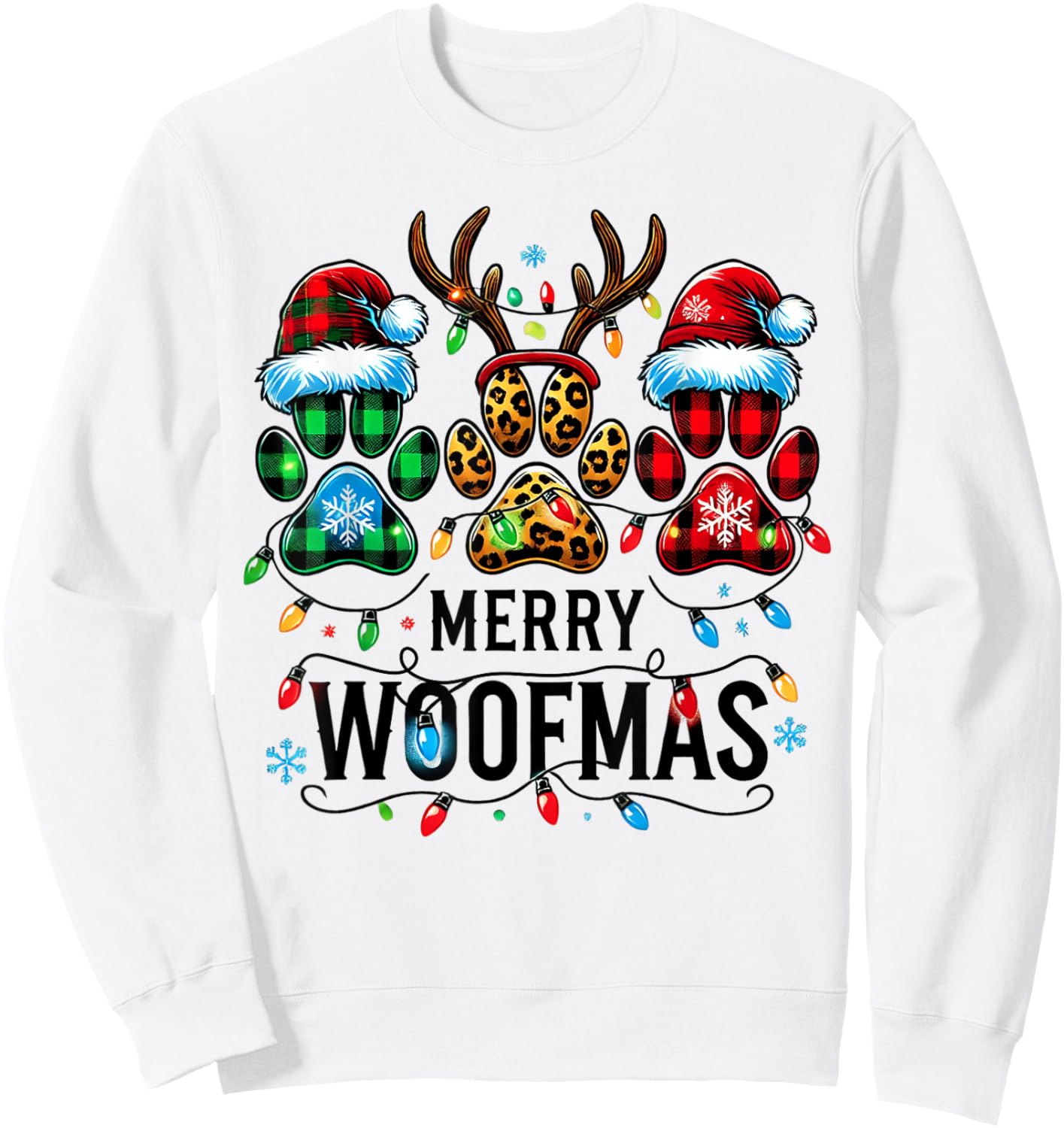 Merry Woofmas Dog Paw Christmas Lights Xmas Reindeer Santa Men Women Kids Sweatshirt - Sweatshirt | White