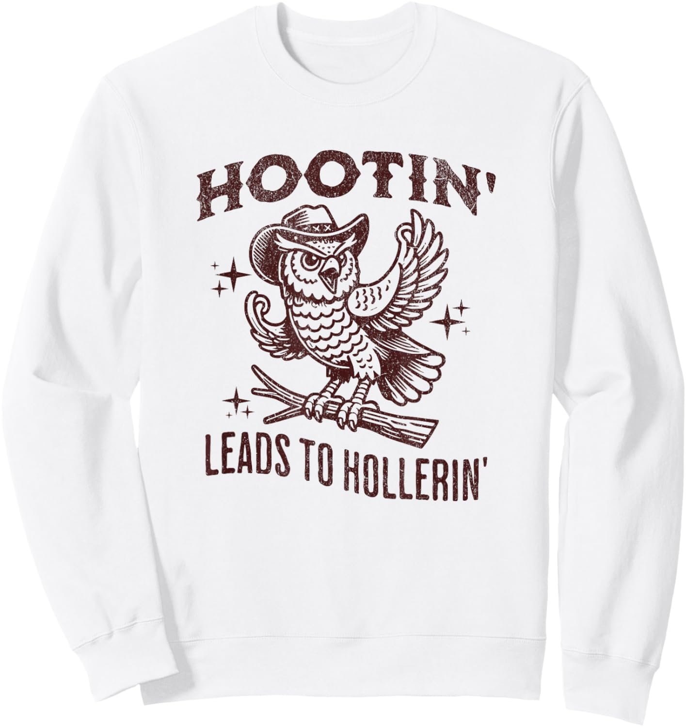 Hootin Leads to Hollerin Funny Vintage Owl Graphic Sweatshirt - Sweatshirt | White