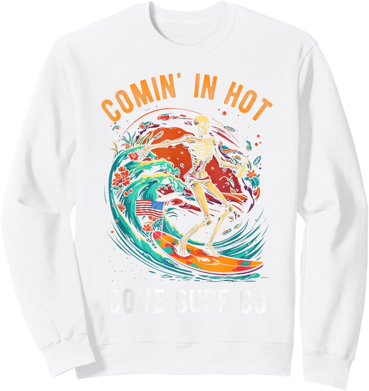 COMIN' IN HOT COVE Surf CO Skeleton Surf Sweatshirt - Sweatshirt | White