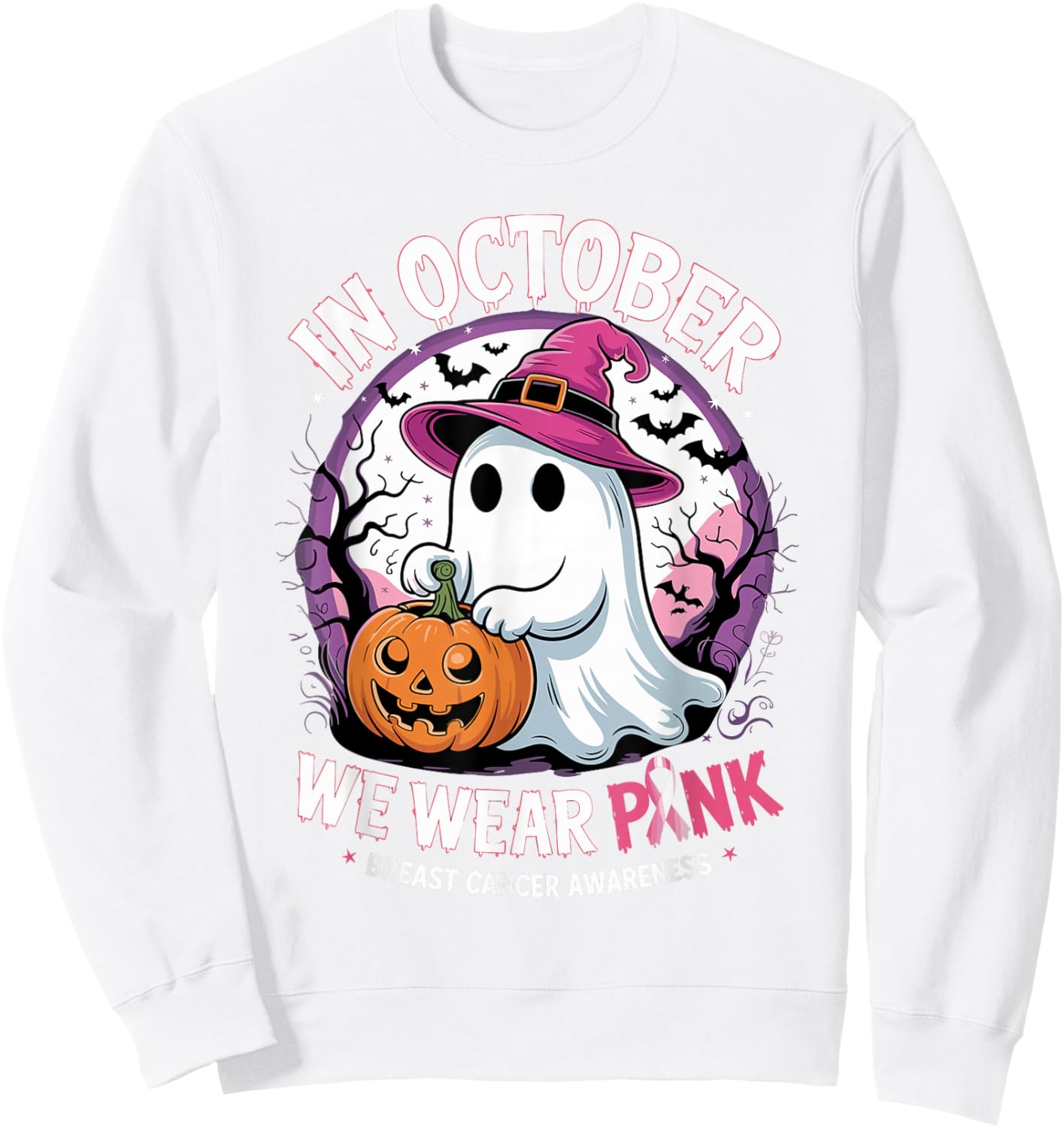 in October We Wear Pink Shirt Ghost Breast Cancer Awareness Sweatshirt - Sweatshirt | White
