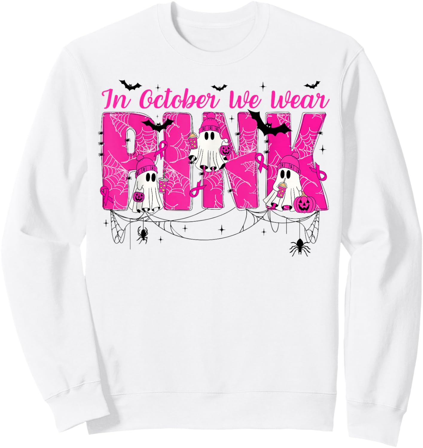 We Wear Pink in October Cute Ghost Breast Cancer Awareness Sweatshirt - Sweatshirt | White