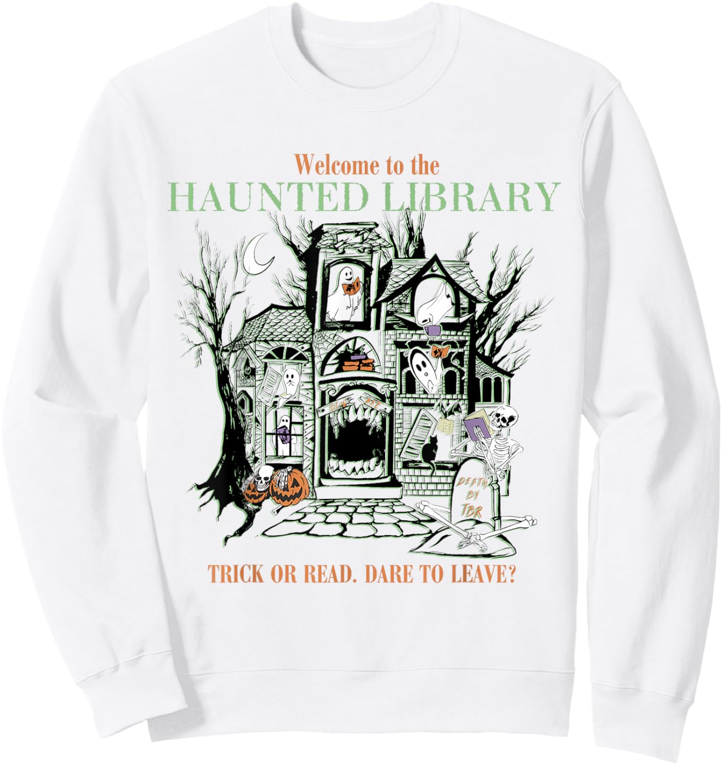 Retro Welcome To The Haunted Library Book Lovers Halloween Sweatshirt - Sweatshirt | White