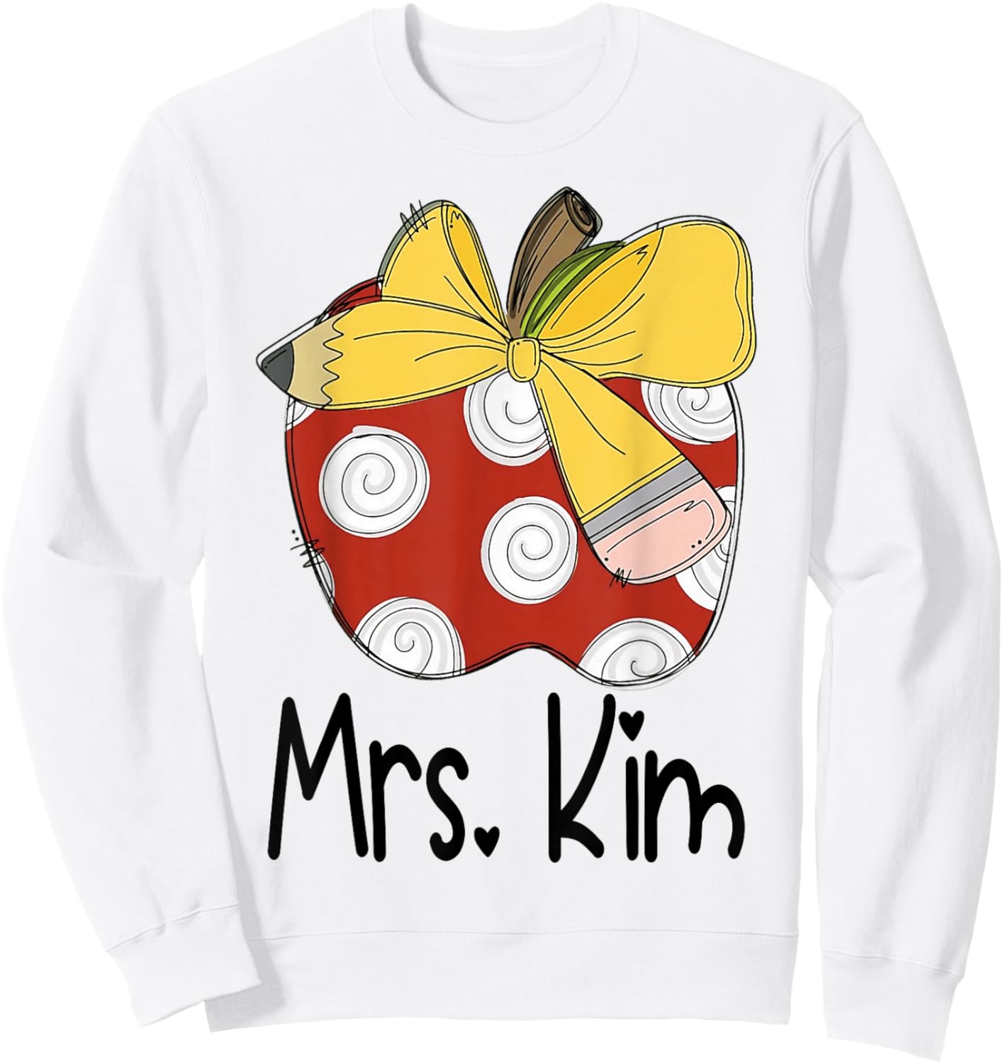 Mrs. Kim Apple Pencil Bow Teacher Graphic Design Sweatshirt - Sweatshirt | White
