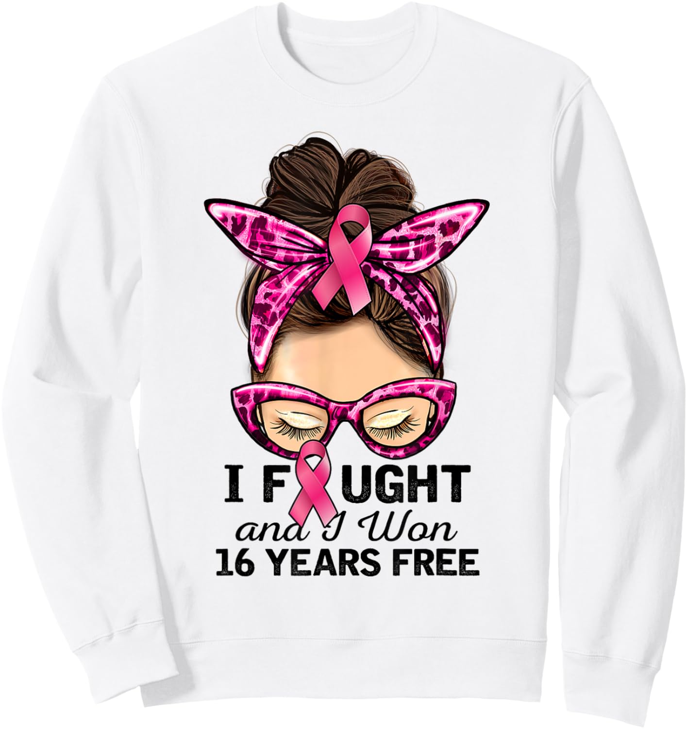 I Fought and I Won 16 Years Free Messy Bun Breast Cancer Sweatshirt - Sweatshirt | White