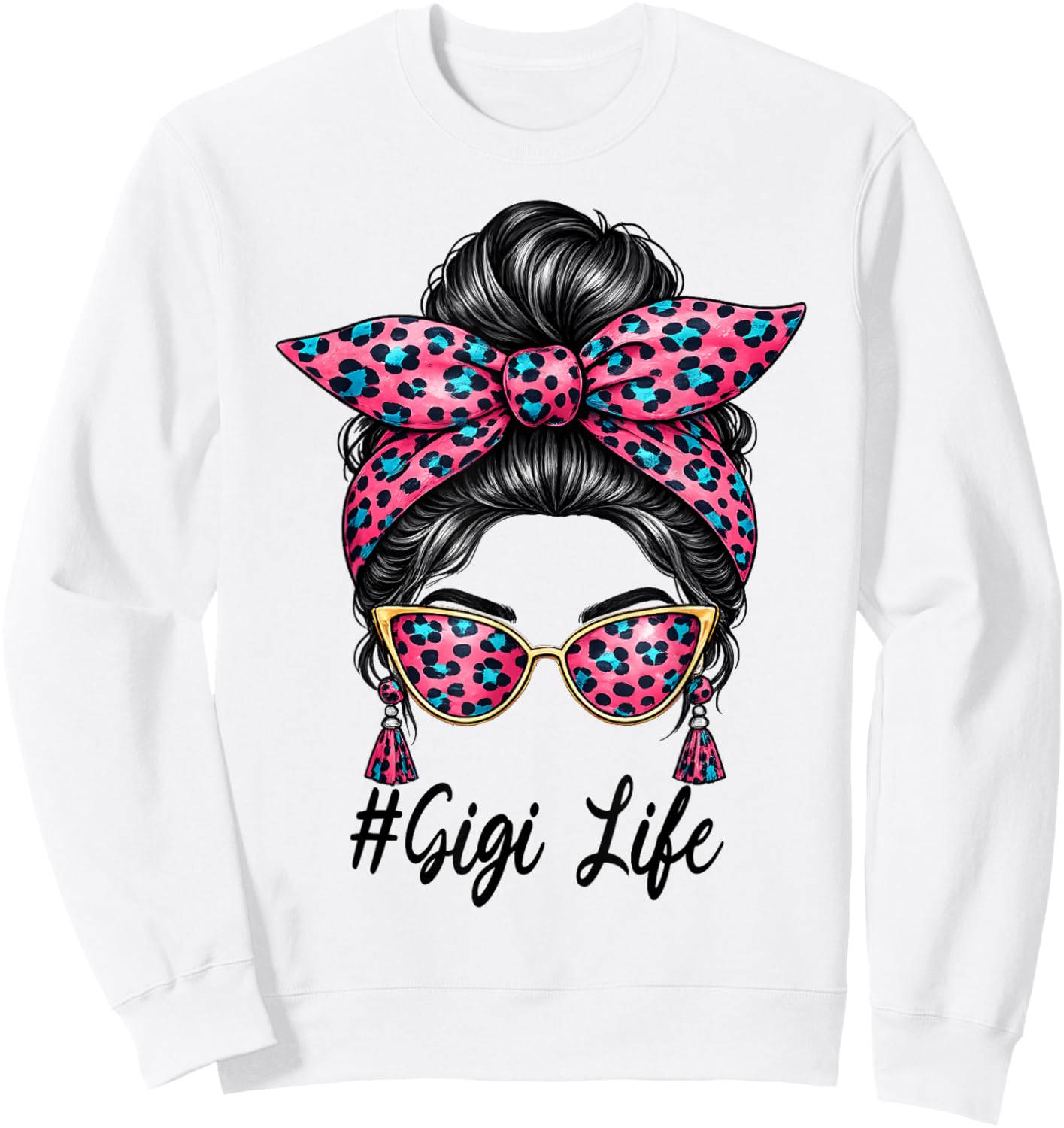 Gigi Life Mother's Day Leopard Messy Bun Mom Women Grandma Sweatshirt - Sweatshirt | White